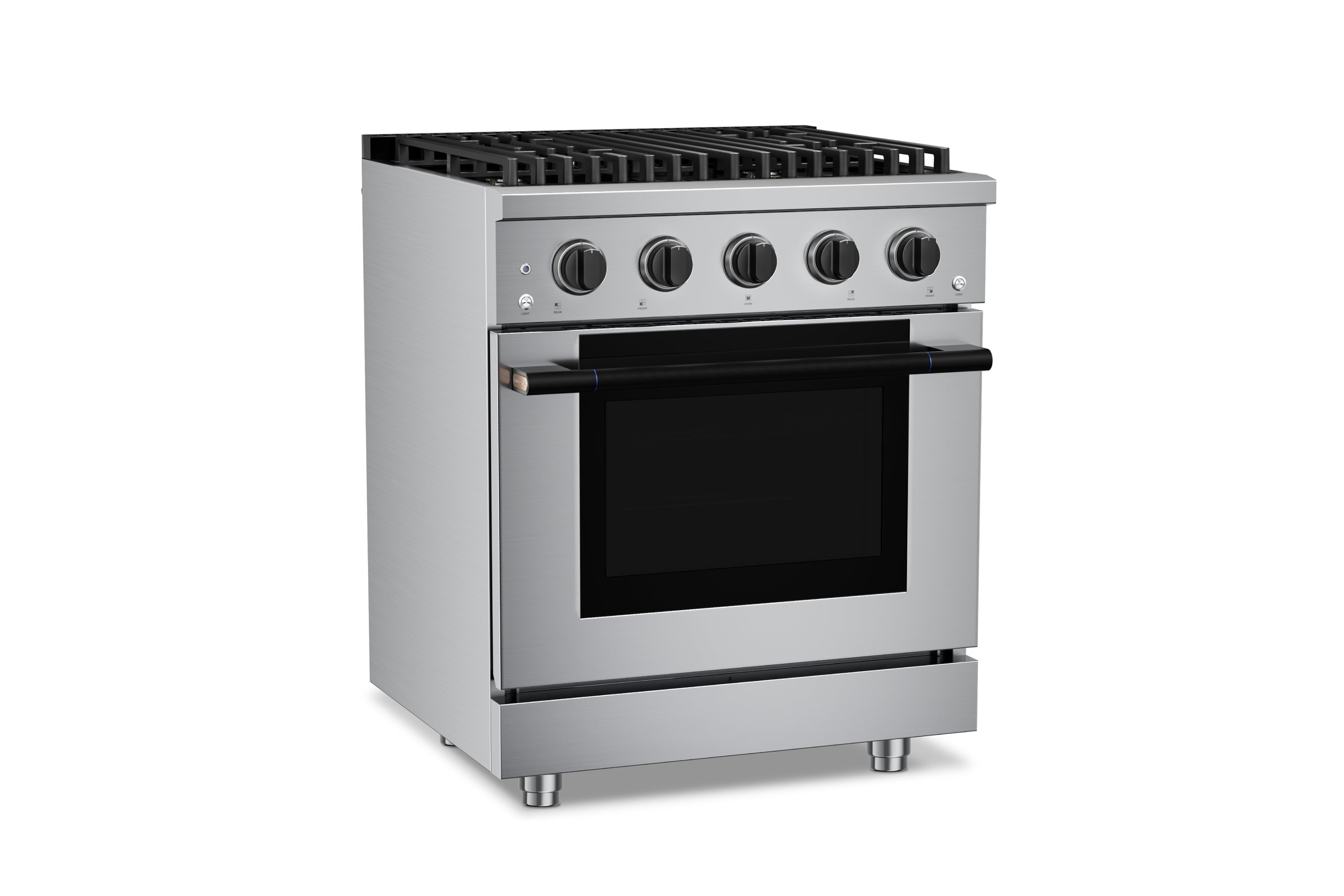 Stainless steel 30-inch gas range front with 4 burners and convection oven