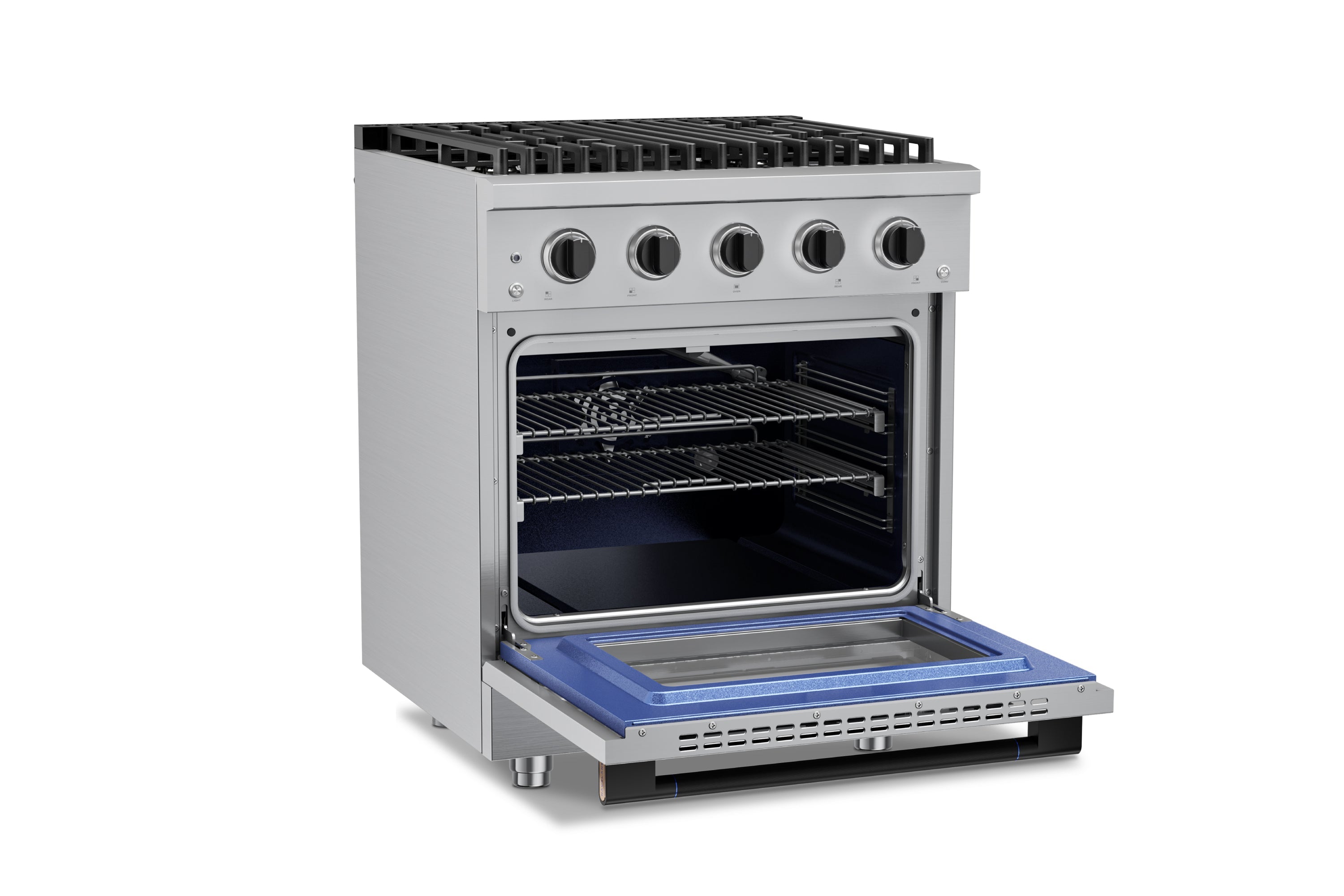 Stainless steel 30-inch range with convection oven open and front broiler grate