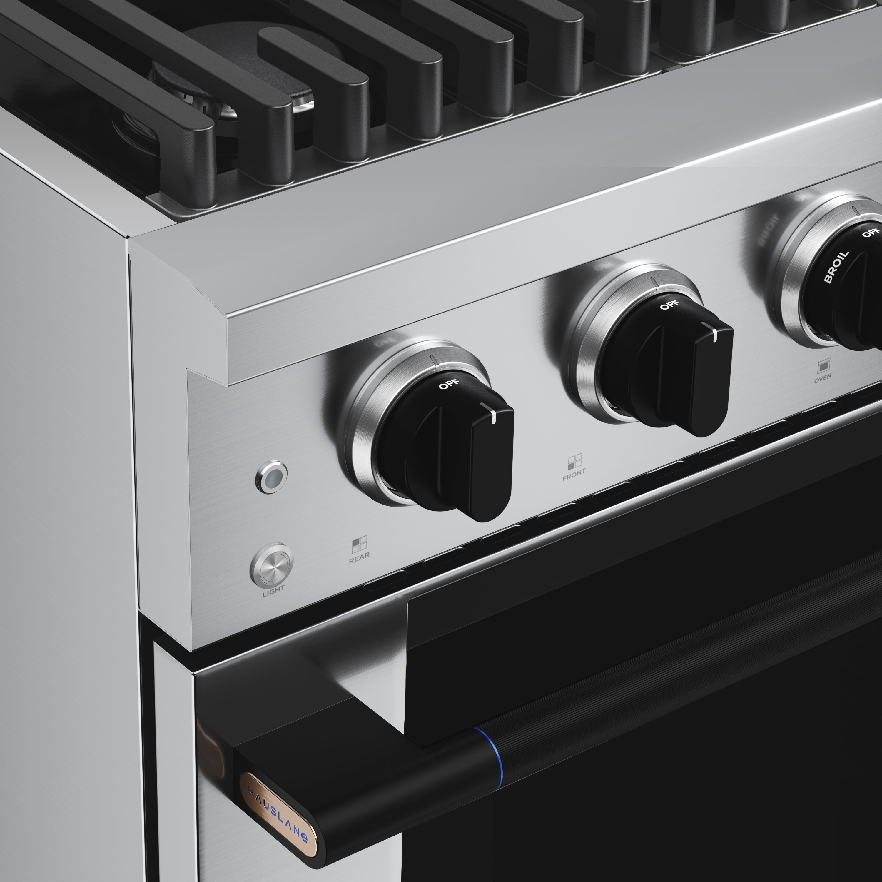 Stainless steel gas range cooktop with four burner knobs and black display panel