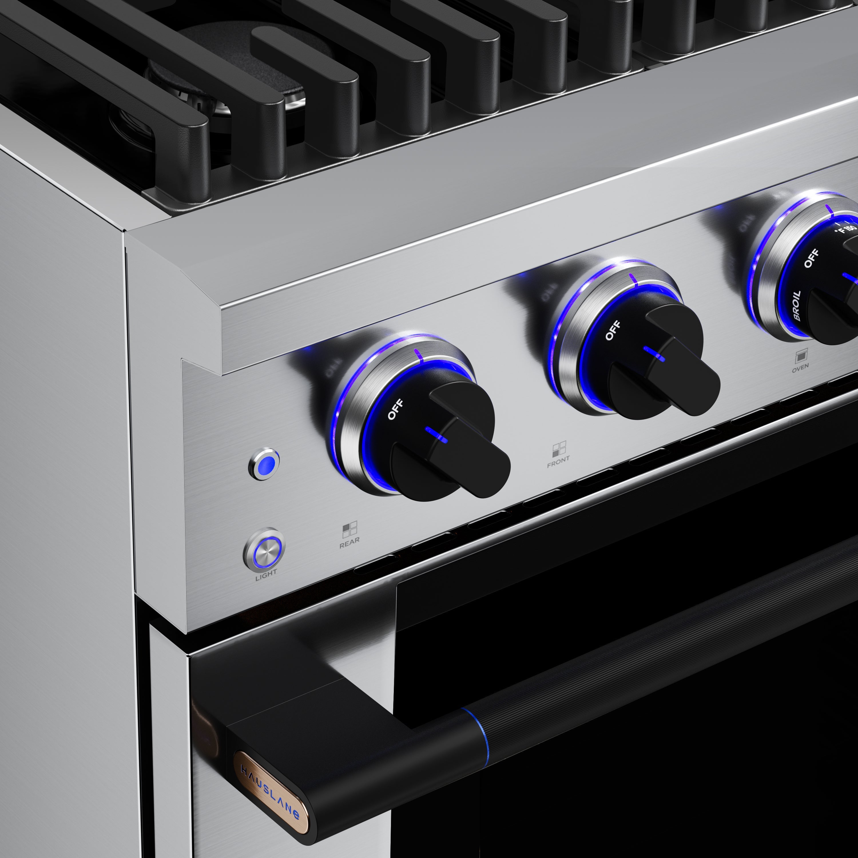 Stainless steel gas range cooktop with blue-lit burner knobs and black control panel