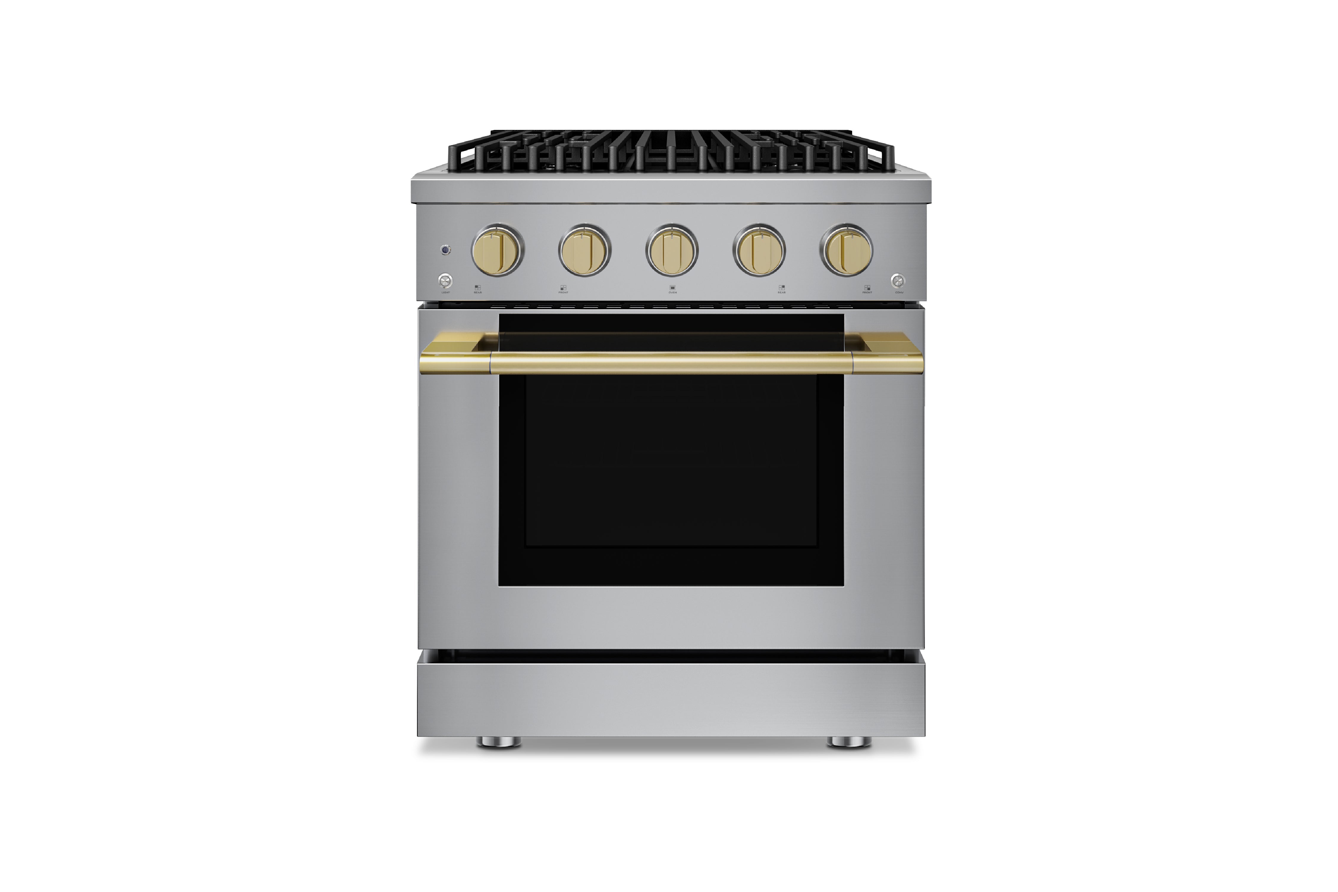Stainless steel freestanding range with satin brass accents, 4 burners and convection oven