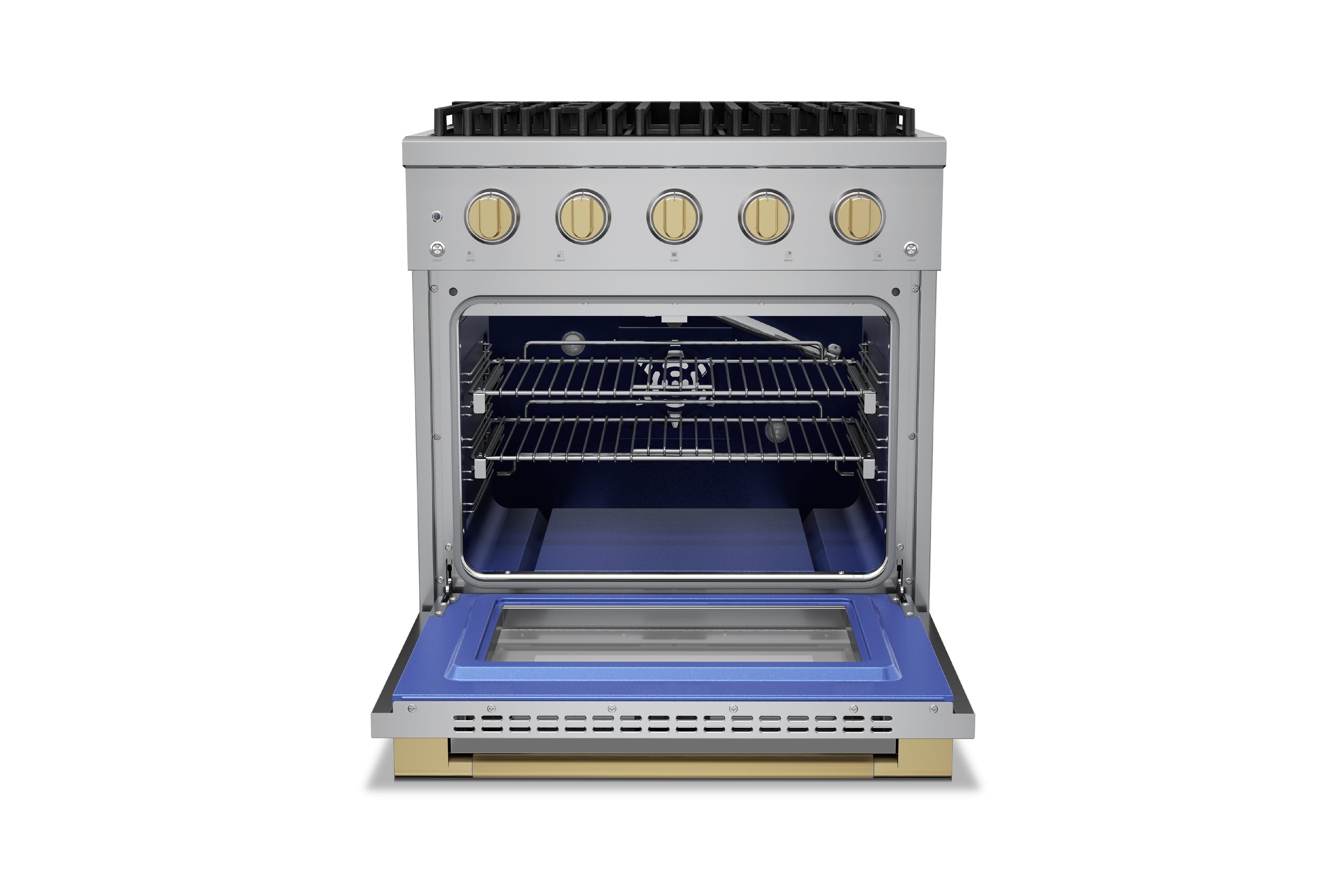 Stainless steel convection oven with open door, inner light and oven racks visible
