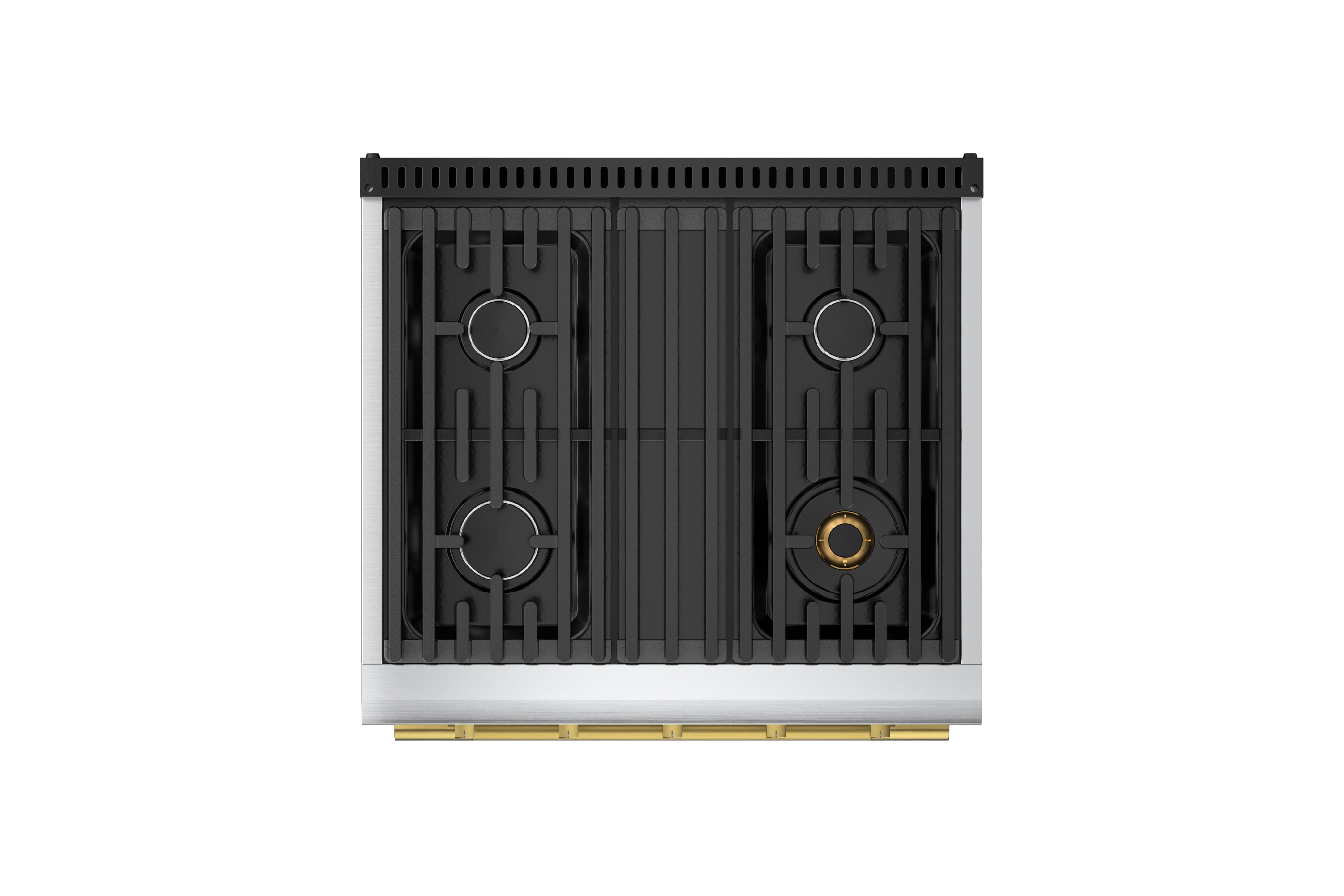 Stainless steel cooktop with four burner grates and central burner heads visible.
