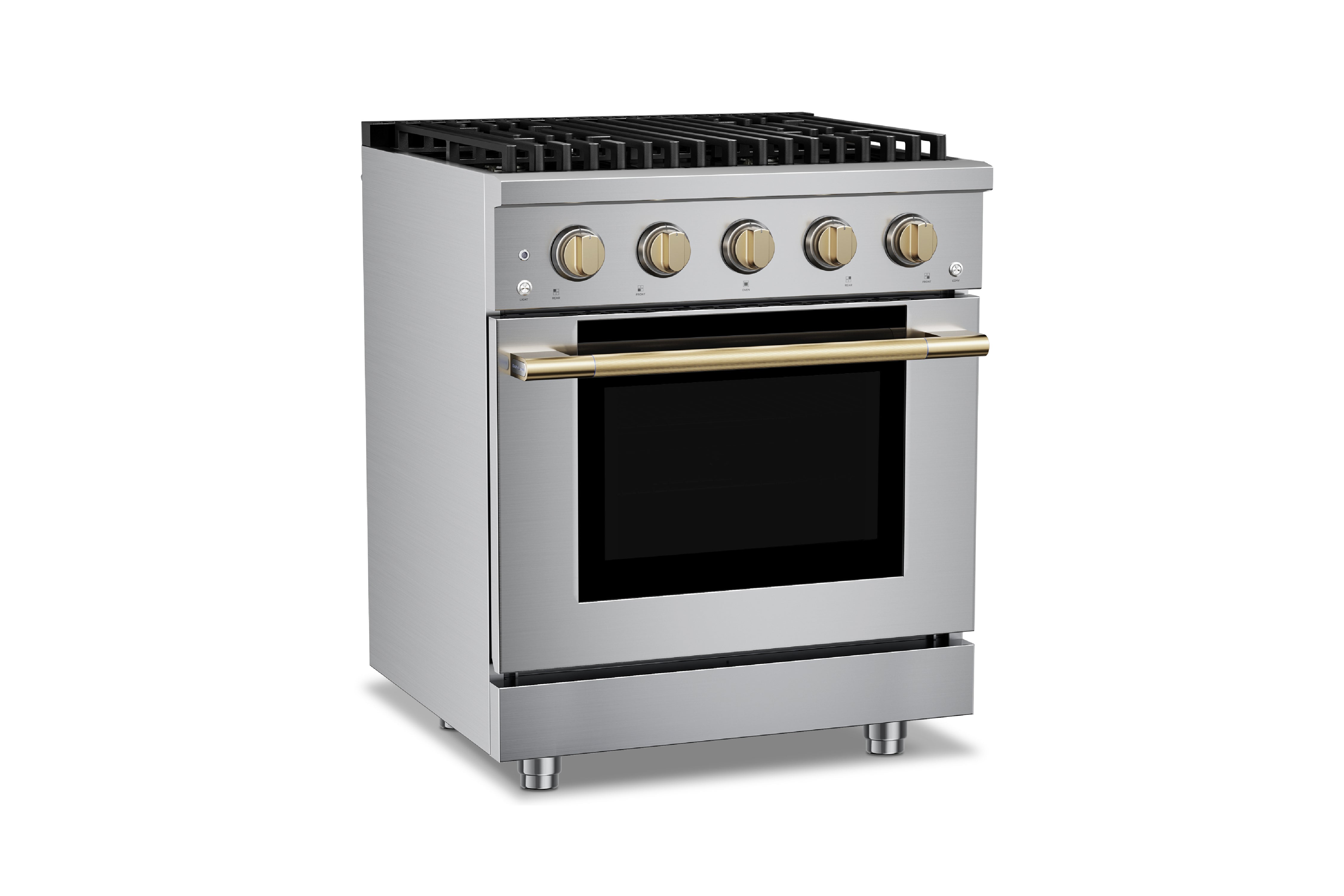 Stainless steel gas range with convection oven, four burners, and flat control panel.