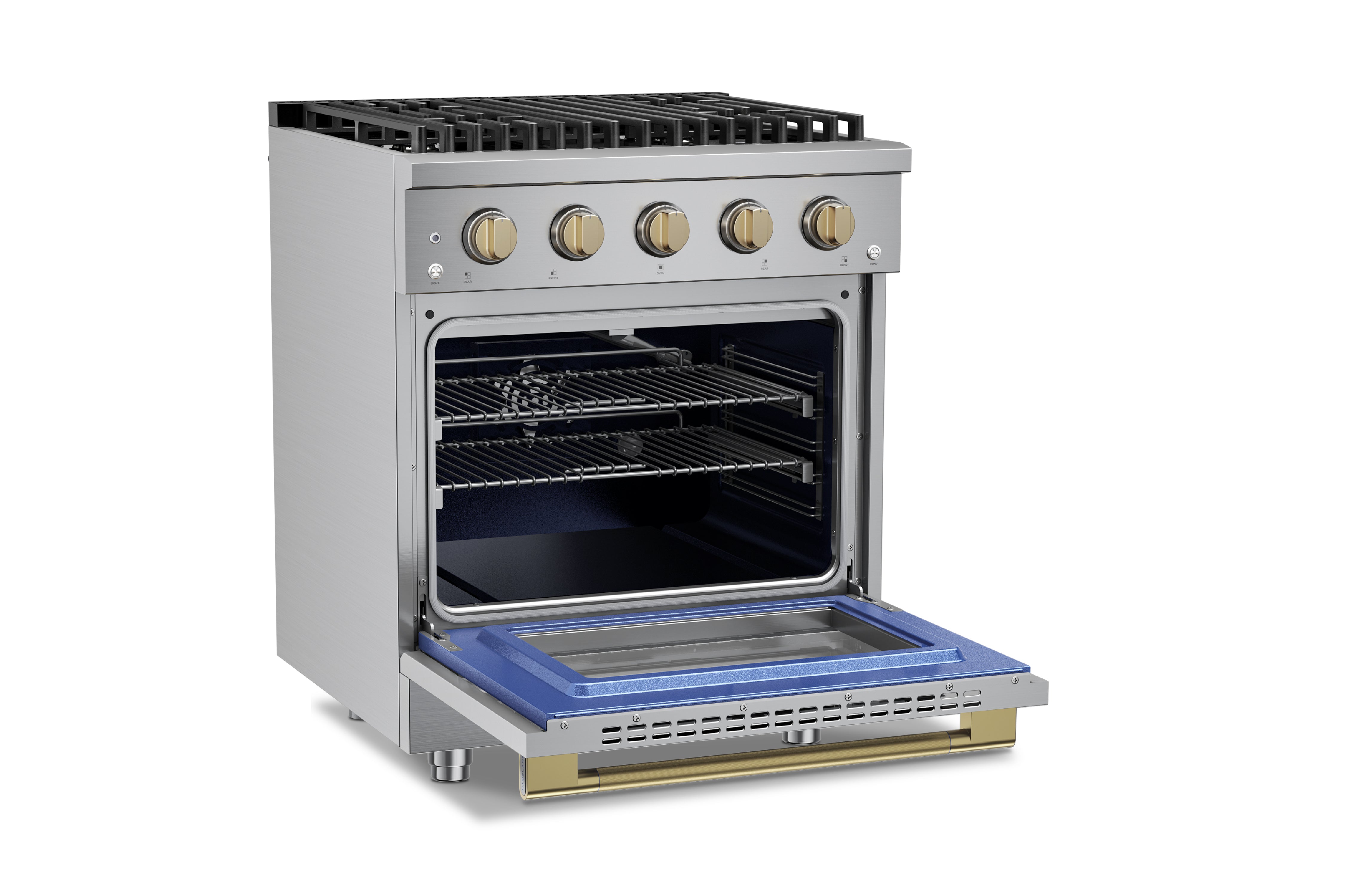 Stainless steel gas range with convection oven door open and wire racks visible.