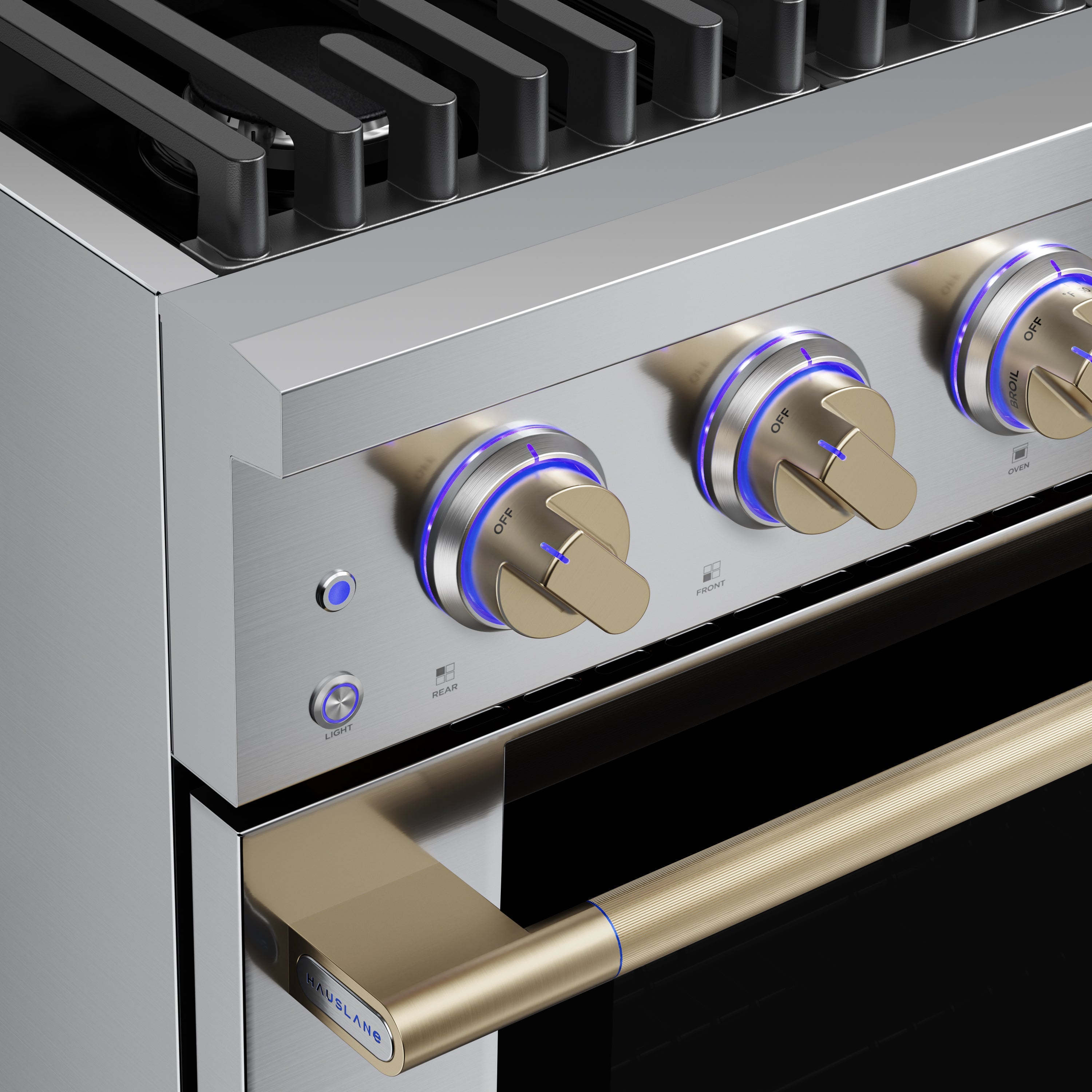 Stainless steel range control panel with blue-ring knobs and brass-finish oven drawer handle.