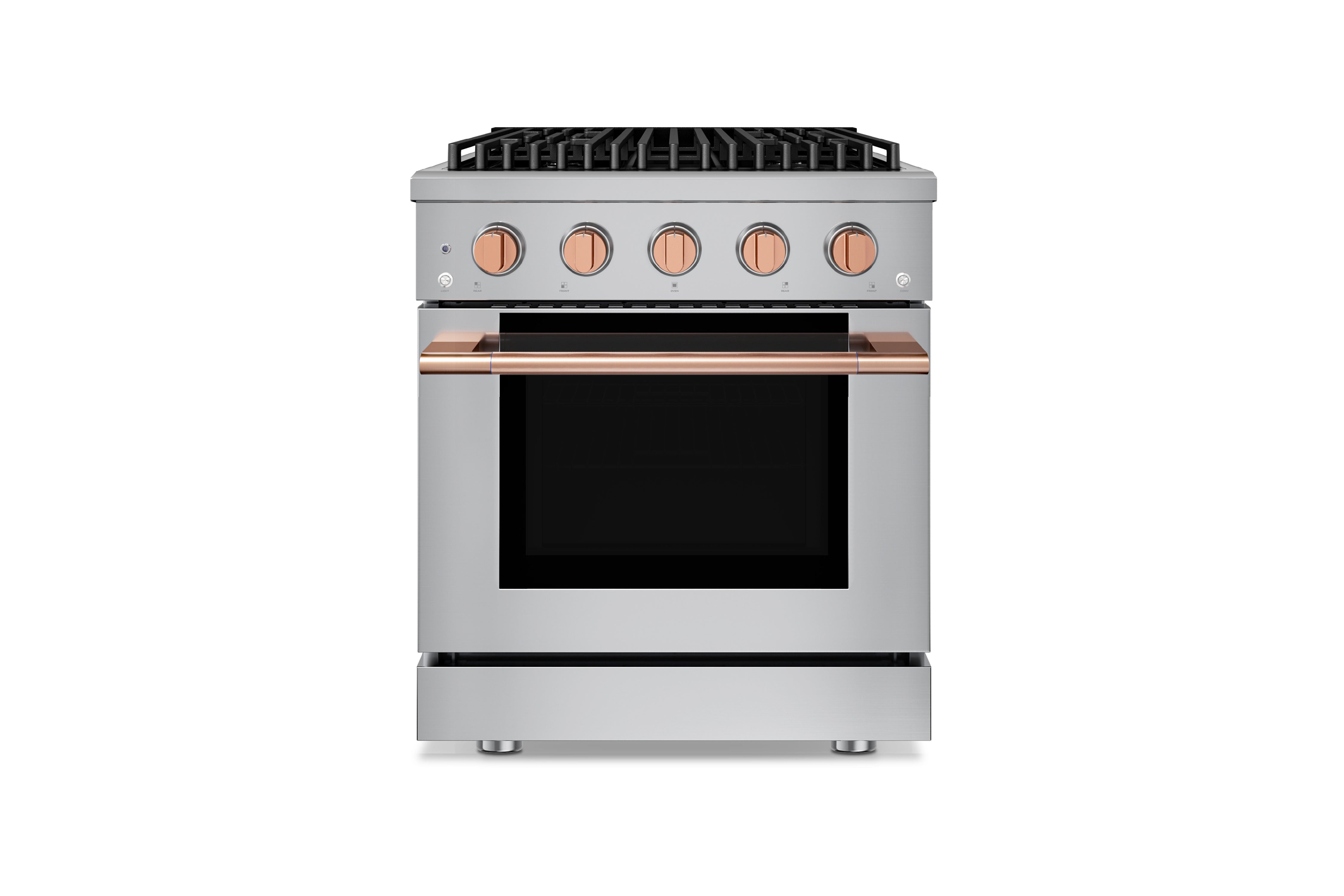 Stainless steel freestanding range with rose-gold accents, 4 burners and convection oven