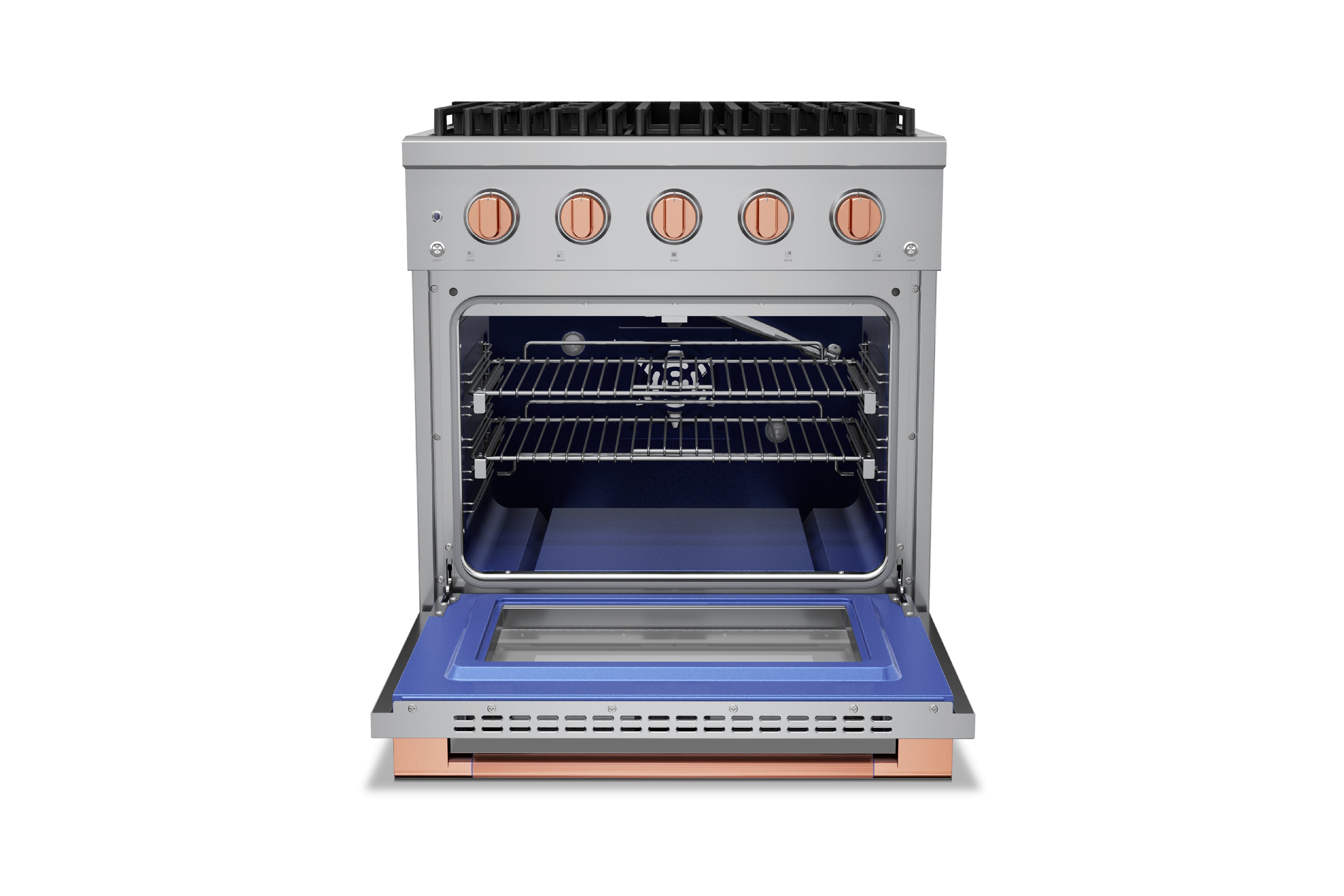 Stainless steel gas range with convection oven door open and blue baking interior.