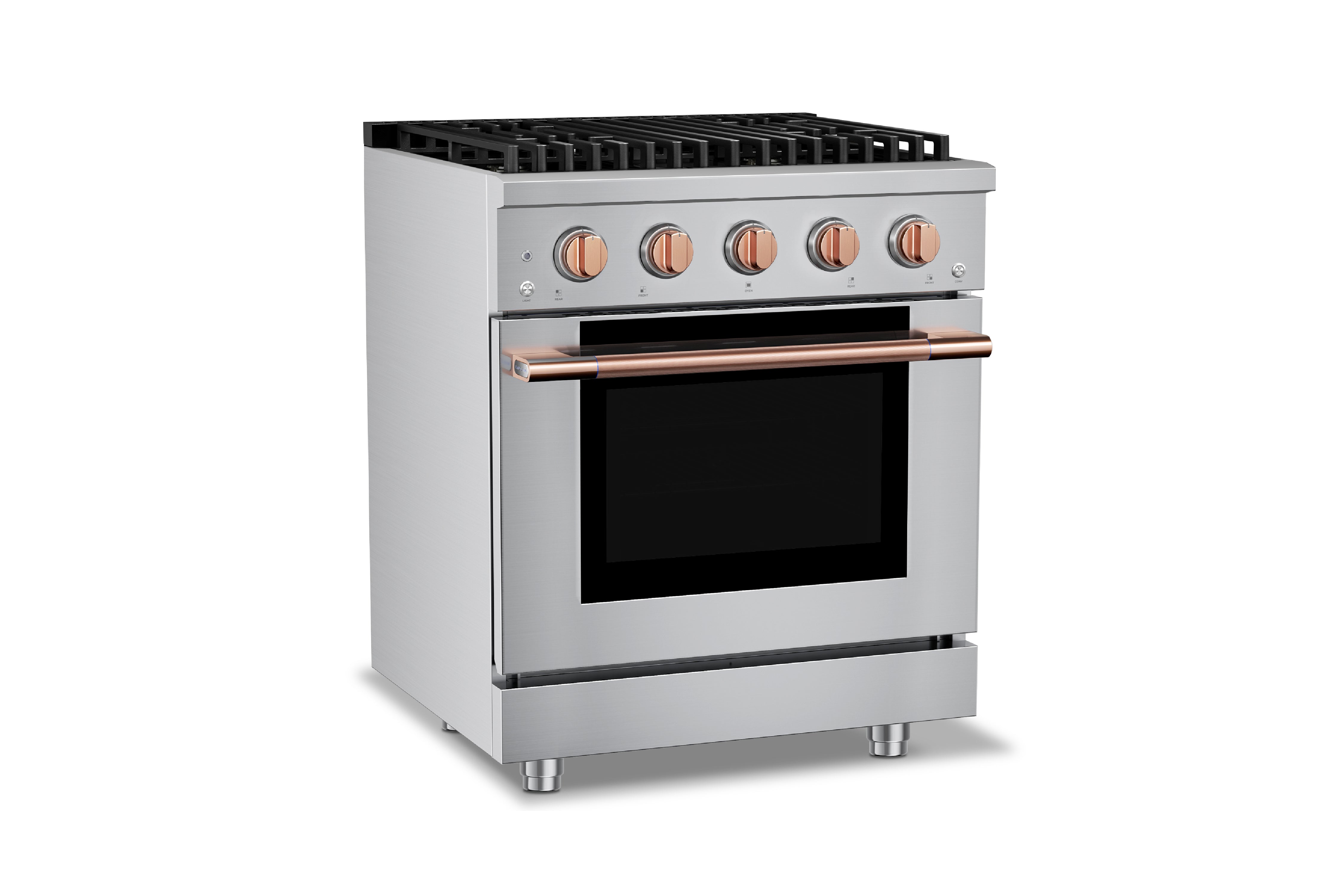 Stainless steel gas range with convection oven, four burners, and copper-finish control knobs.