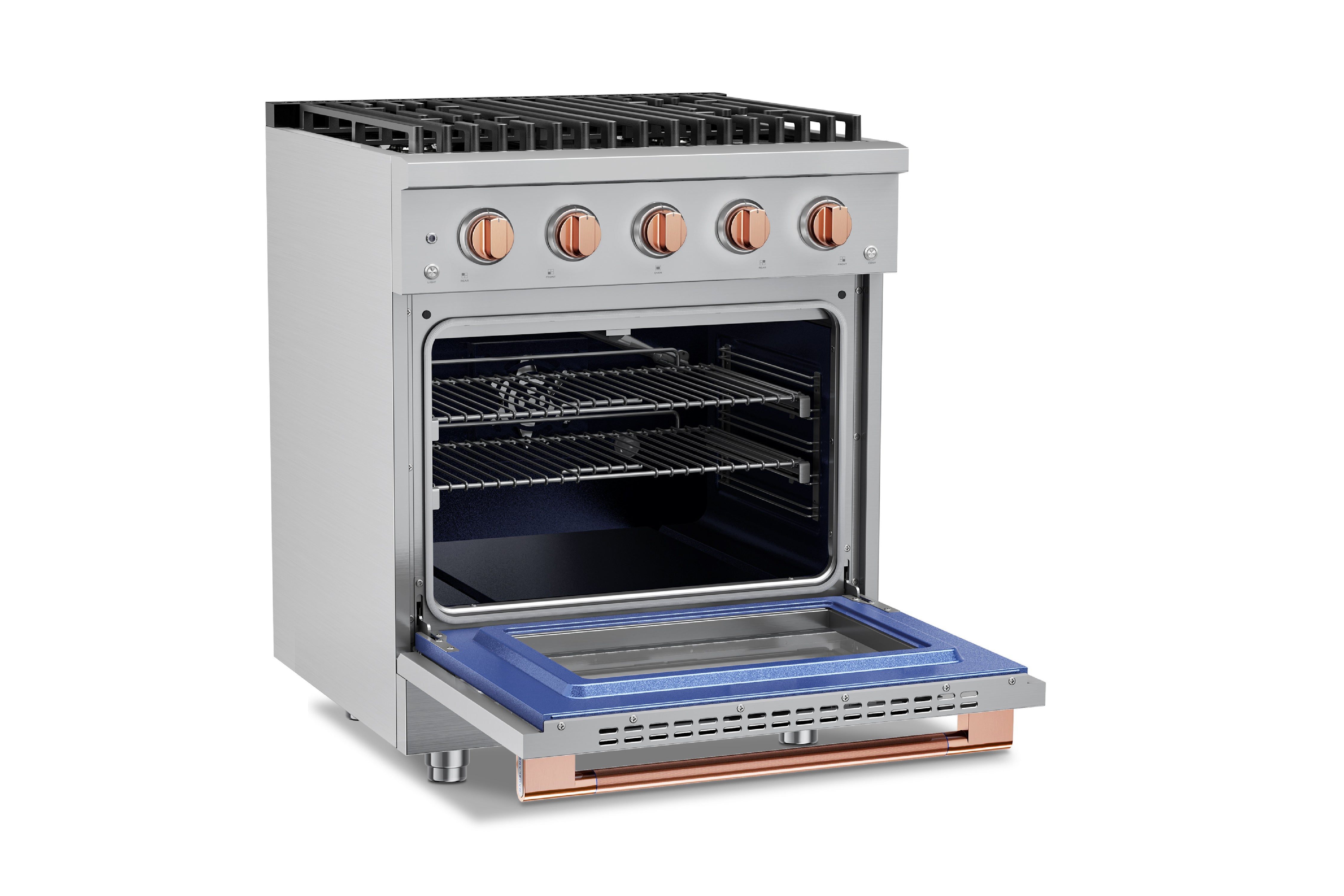 Stainless steel gas range with convection oven door open and copper-finish burner knobs.