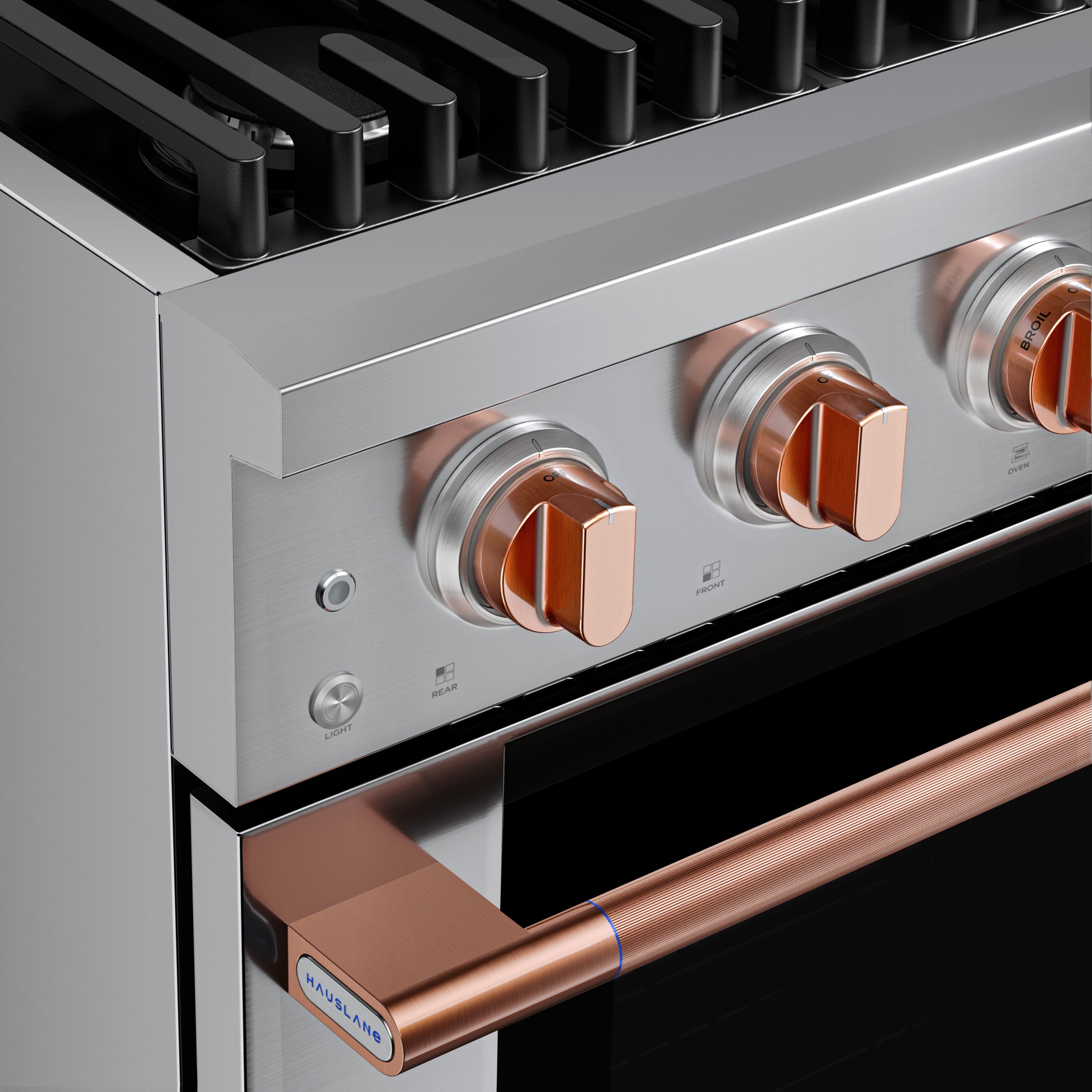 Stainless steel range control panel with copper-finish knobs and oven drawer handle.