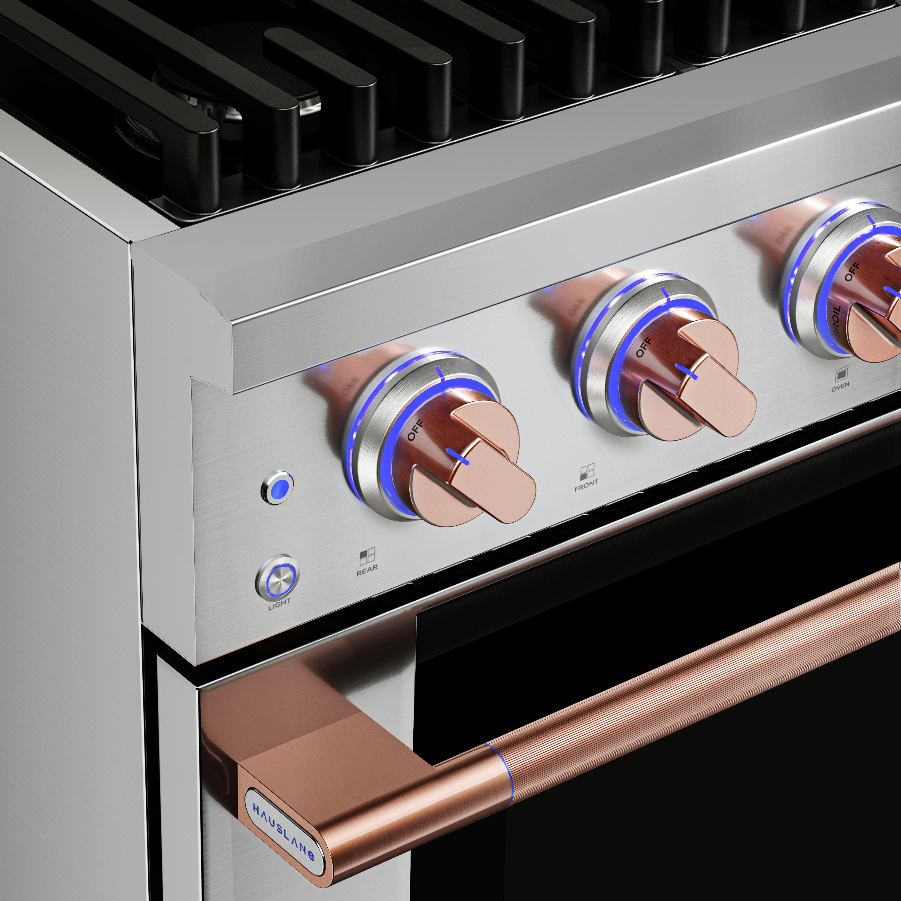 Stainless steel range control panel with blue-lit knobs and copper-finish oven drawer handle.