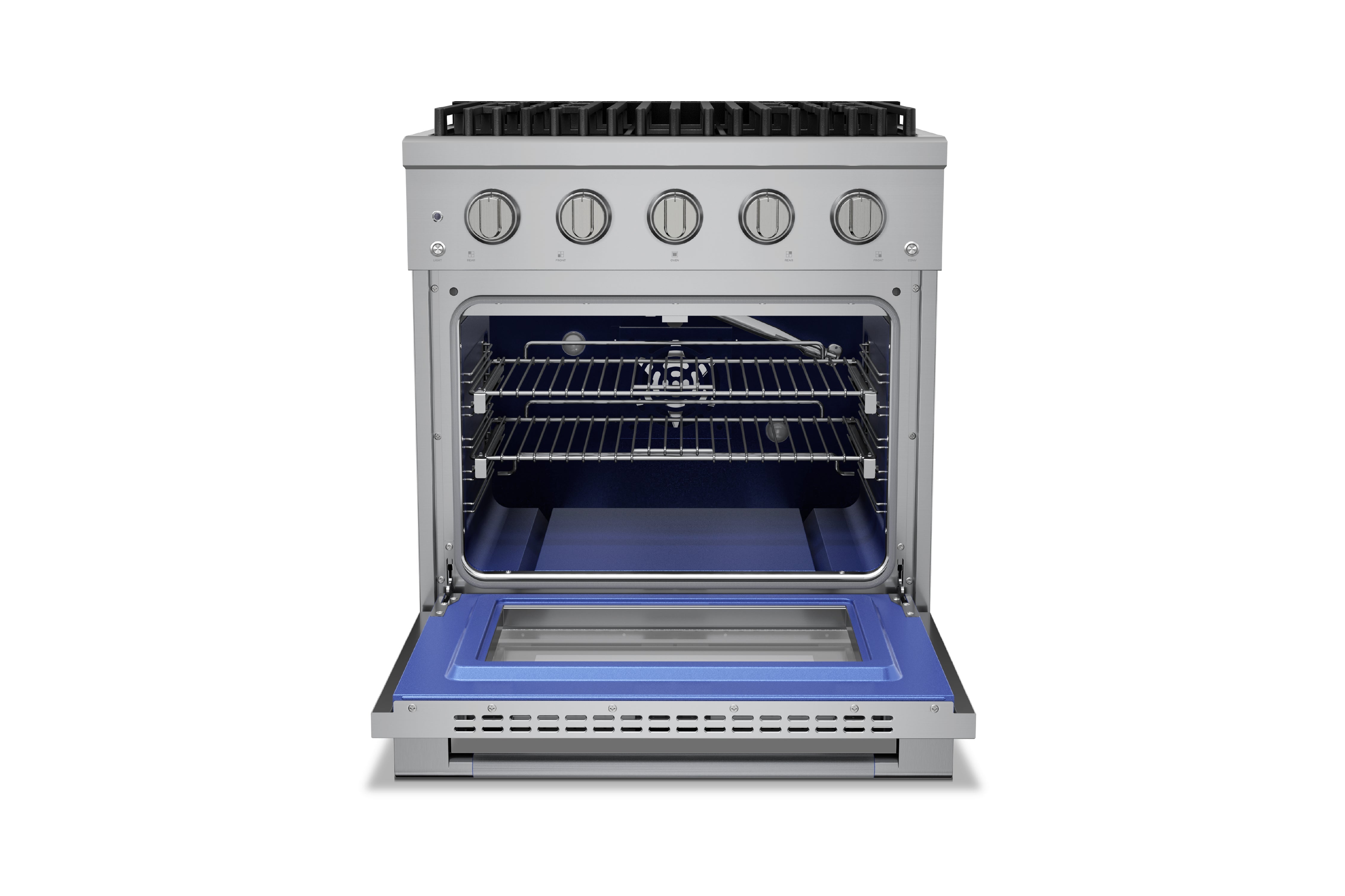 Stainless steel 30-inch range with convection oven open, showing wire racks inside
