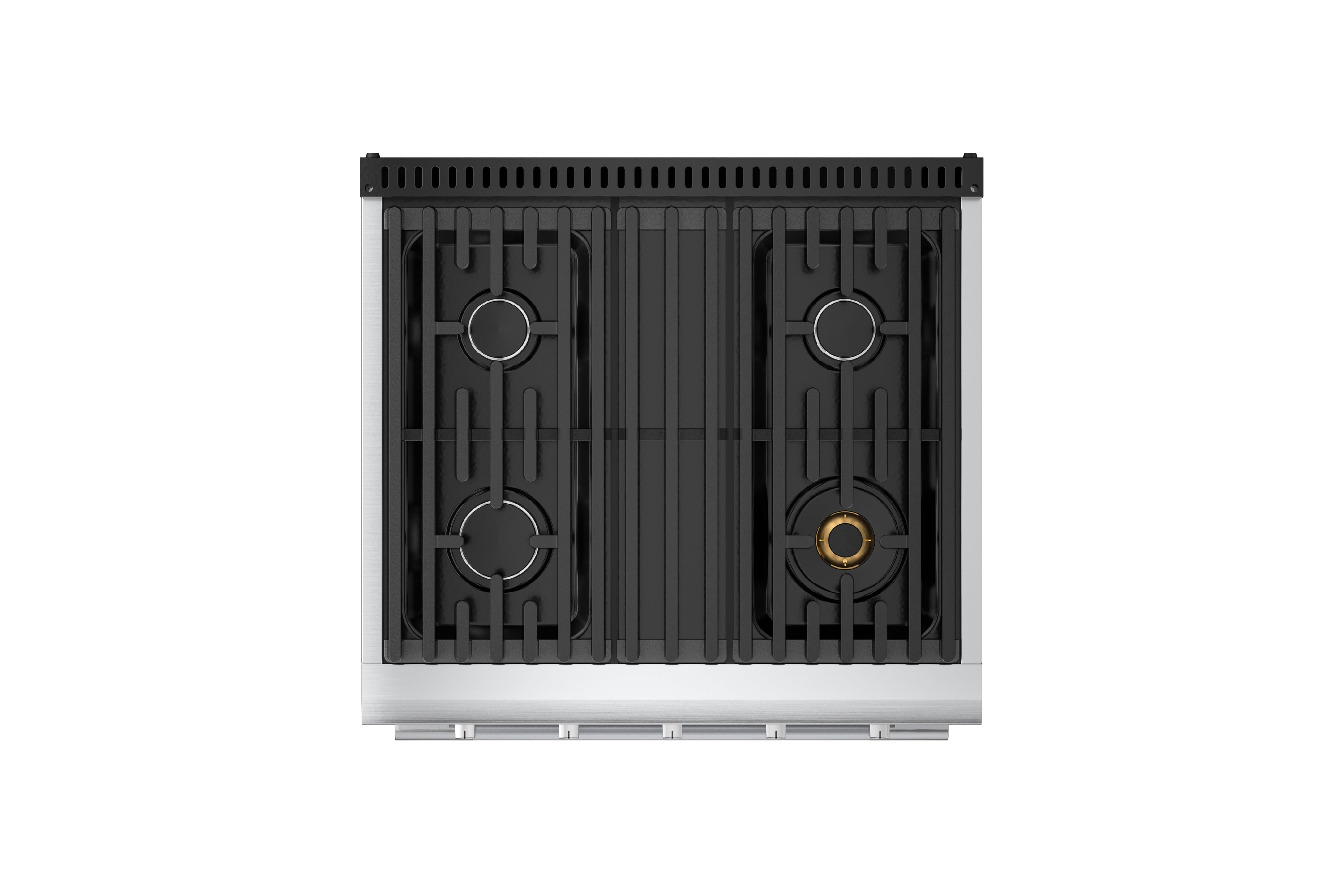 Stainless steel gas burner grates view from above, with 4 burner positions