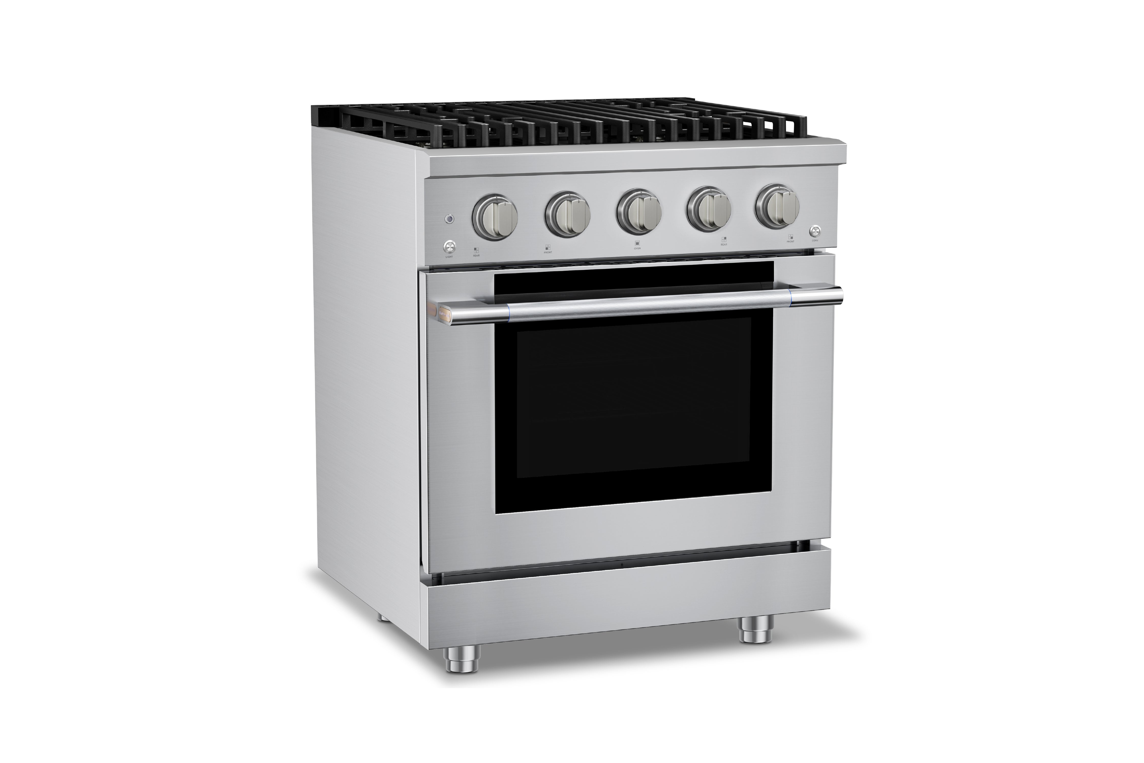 Stainless steel 30-inch gas range with 4 burners and convection oven door closed