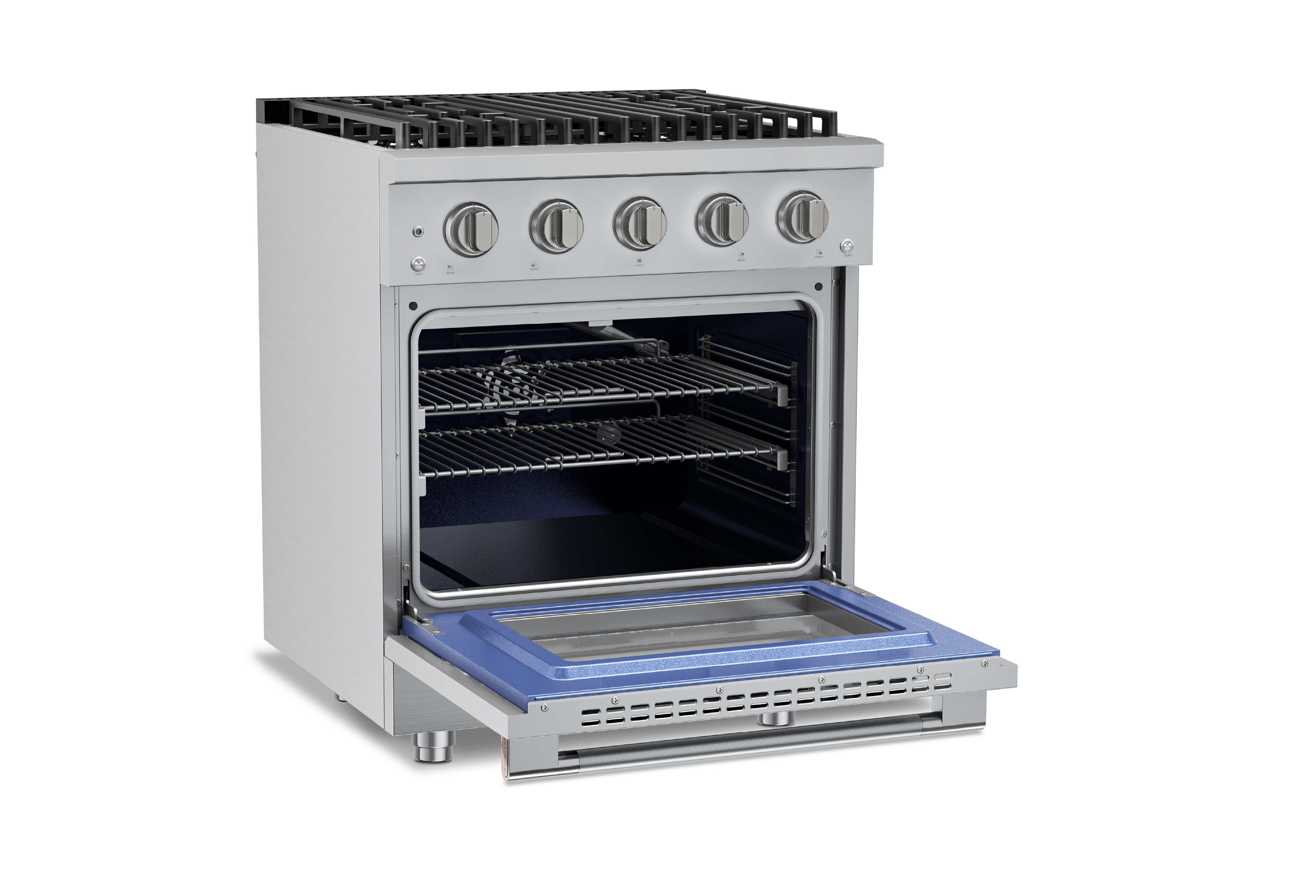 Stainless steel 30-inch range with convection oven open and blue heating surface