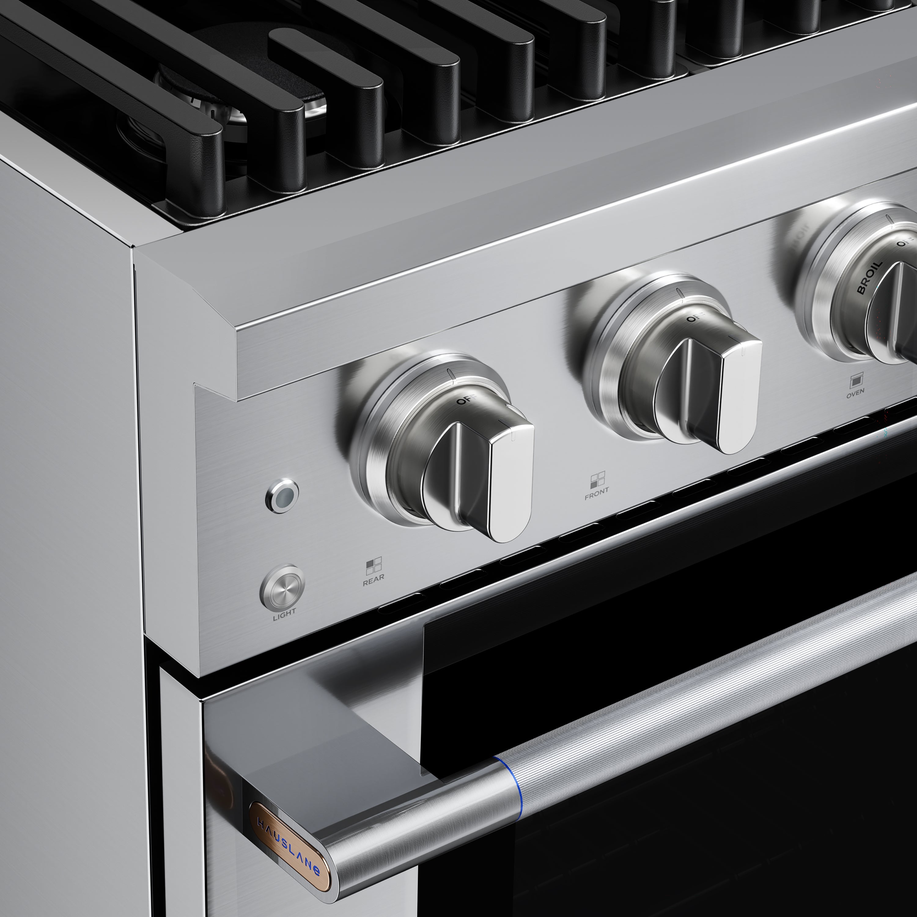 Stainless steel control panel with 4 burner knobs and oven door handle