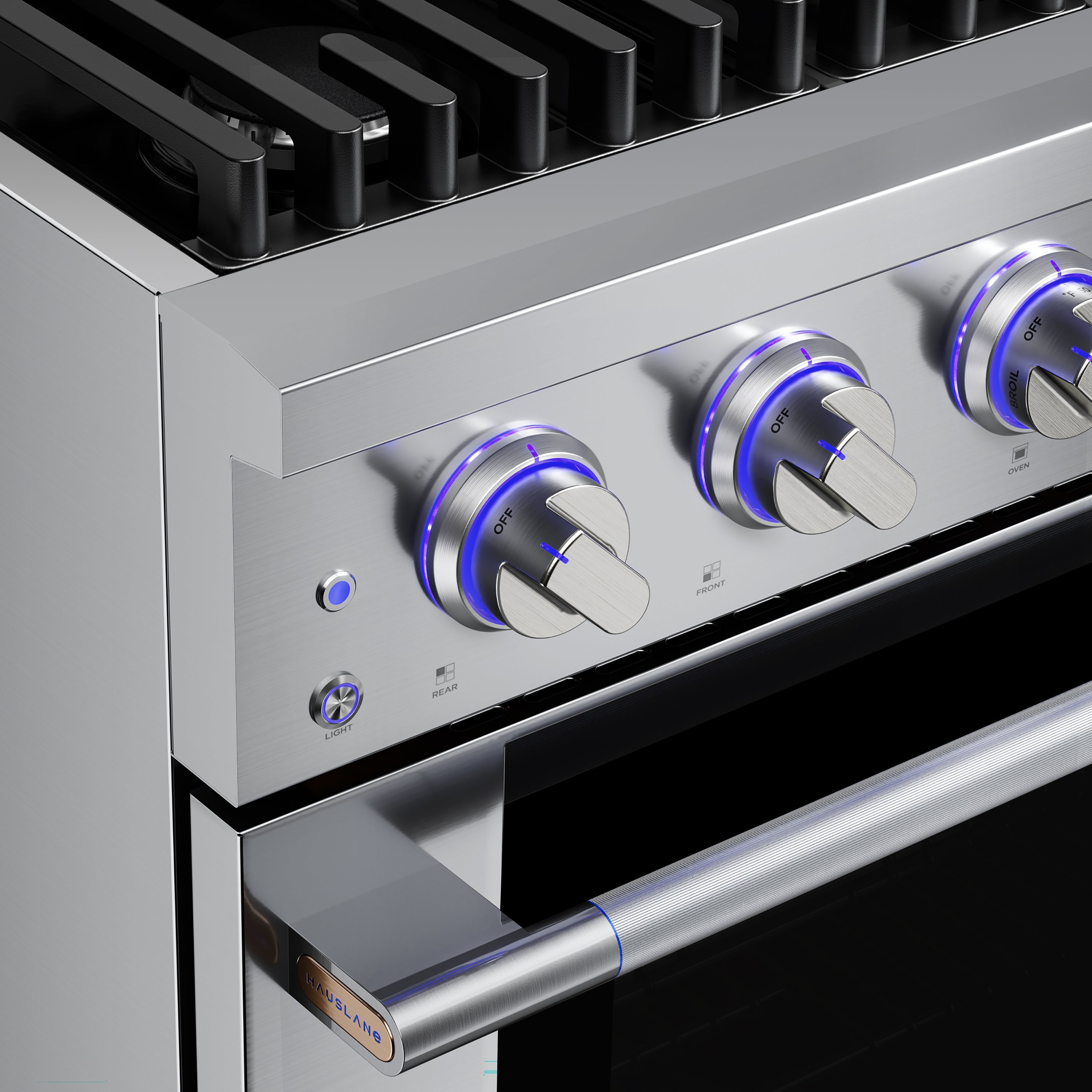 Stainless steel 4-burner control knobs with blue-lit indicators