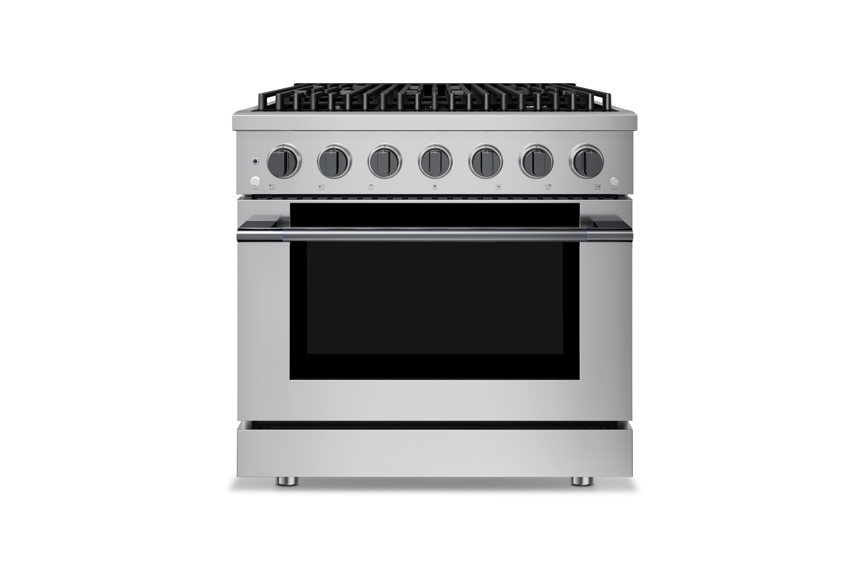 Stainless steel 6-burner gas range with convection oven and black viewing window