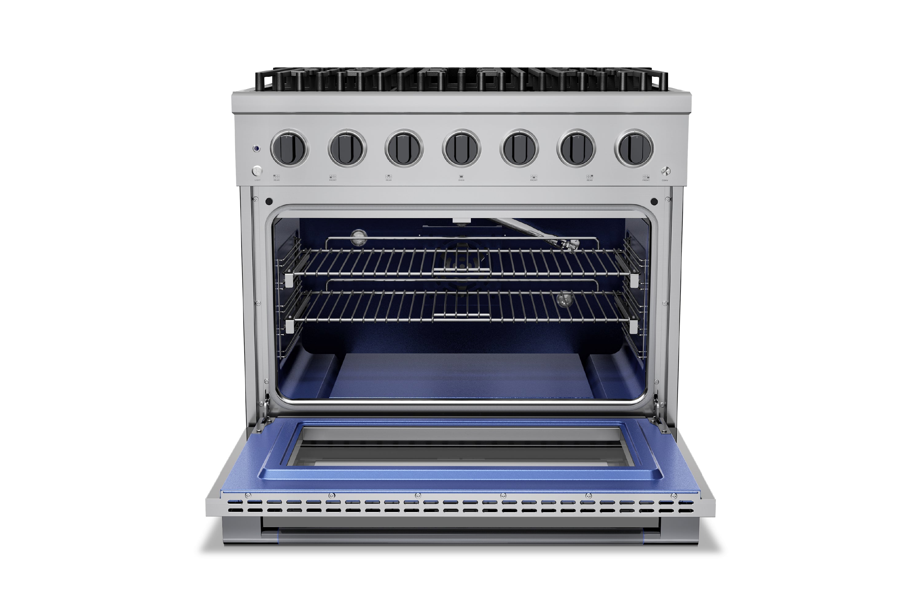 36-inch stainless steel gas range with convection oven door open and racks inside