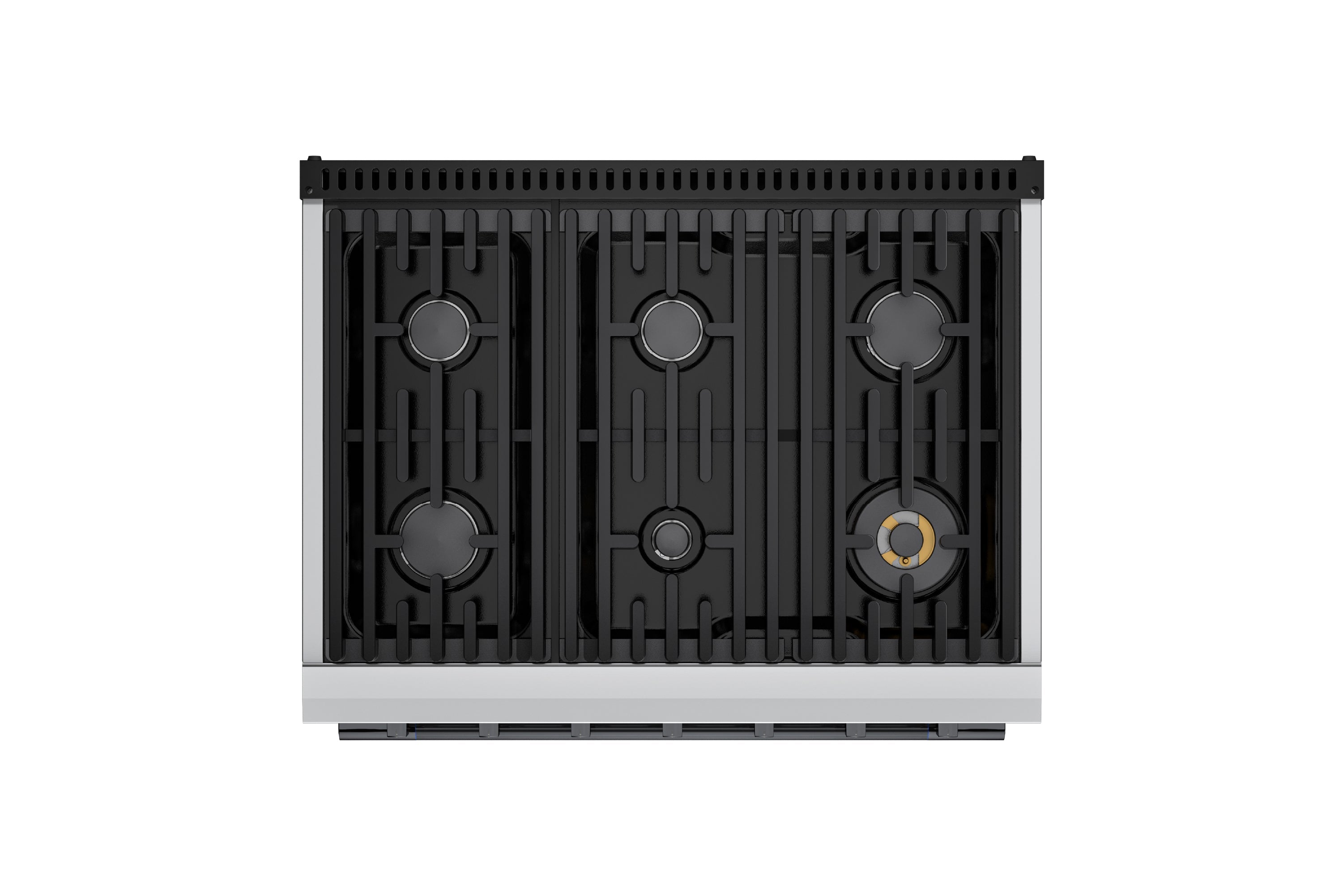 Stovetop view of 6-burner range with black grates and three burner rings