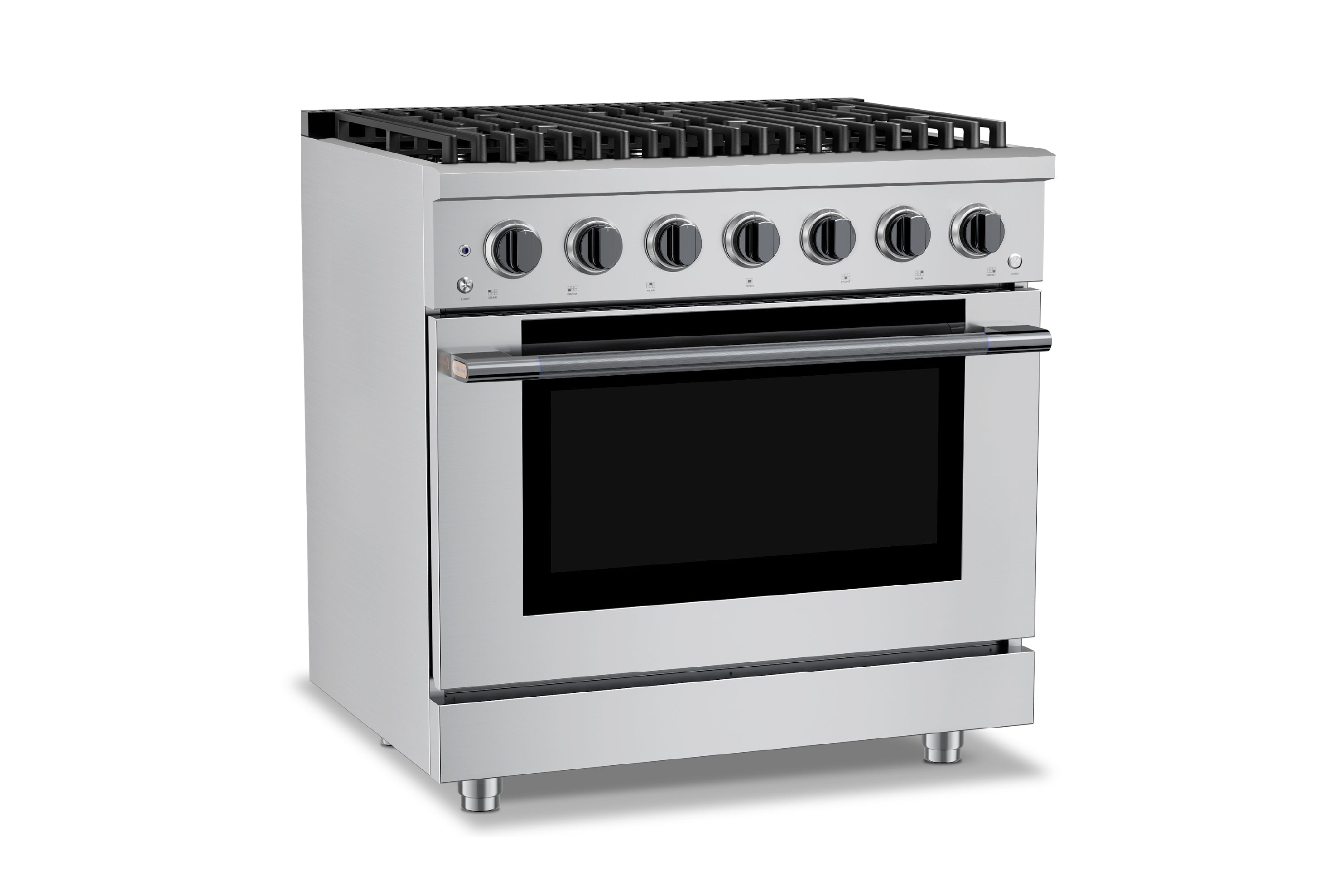 36-inch stainless steel gas range with closed oven door and top burner grates