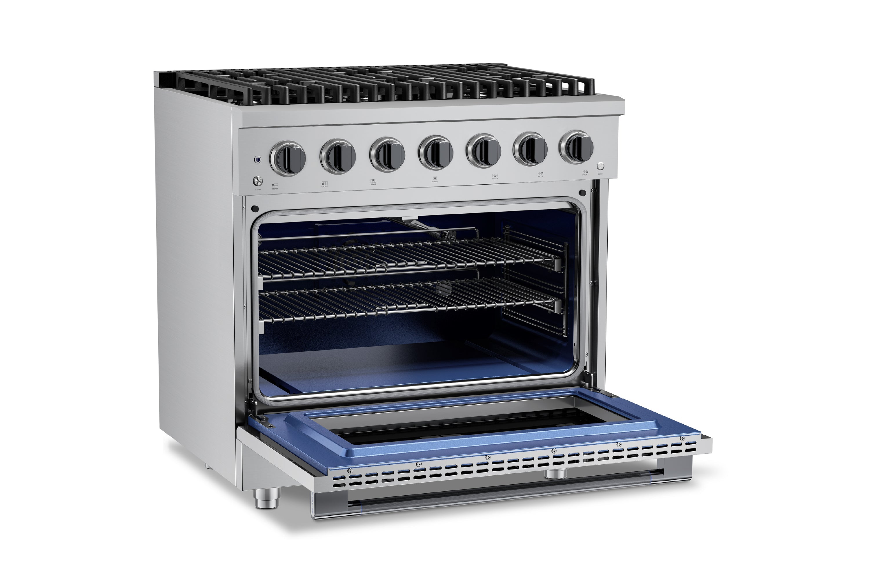 Stainless steel 36-inch gas range with open convection oven and 6-burner cooktop