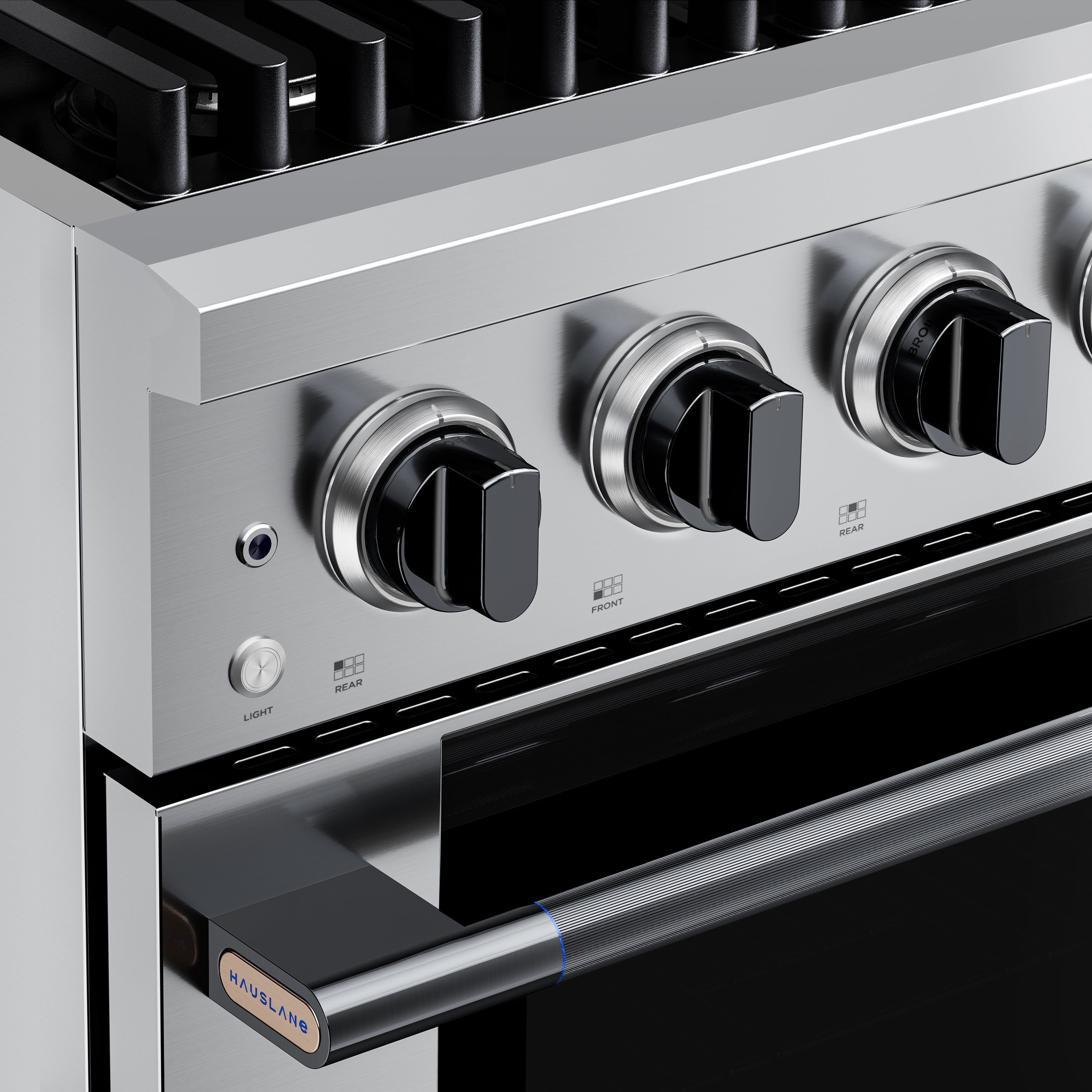 Stainless steel range panel with 6 burner knobs and oven drawer handle