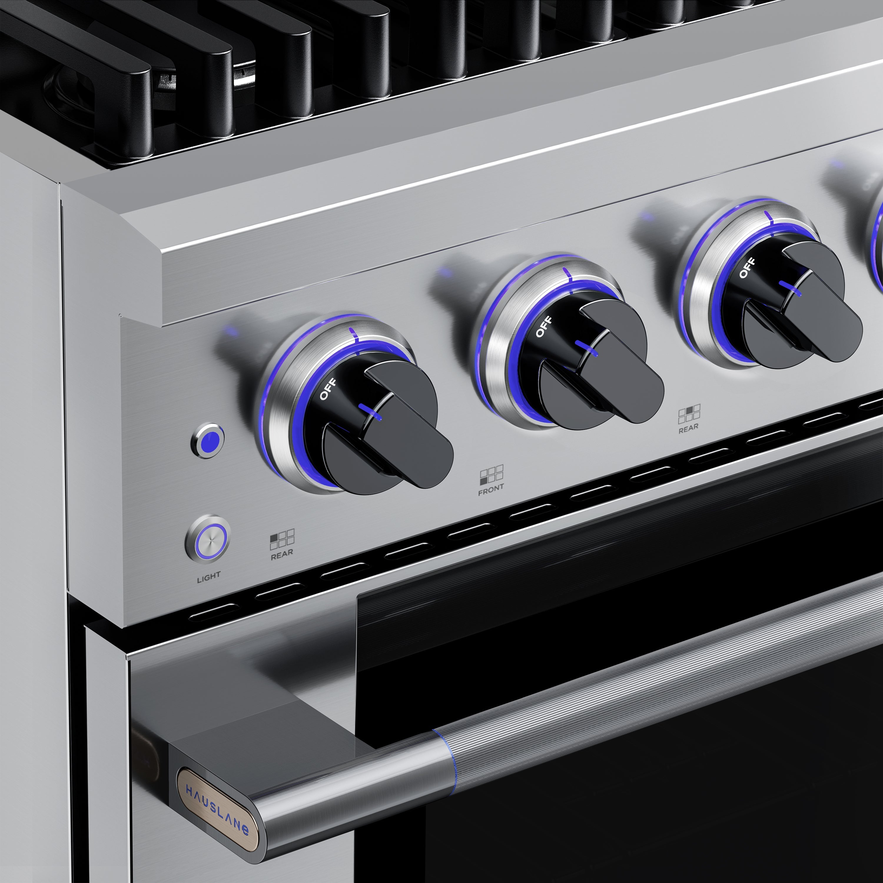Stainless steel burner controls with 6 knobs and blue-lit indicator accents