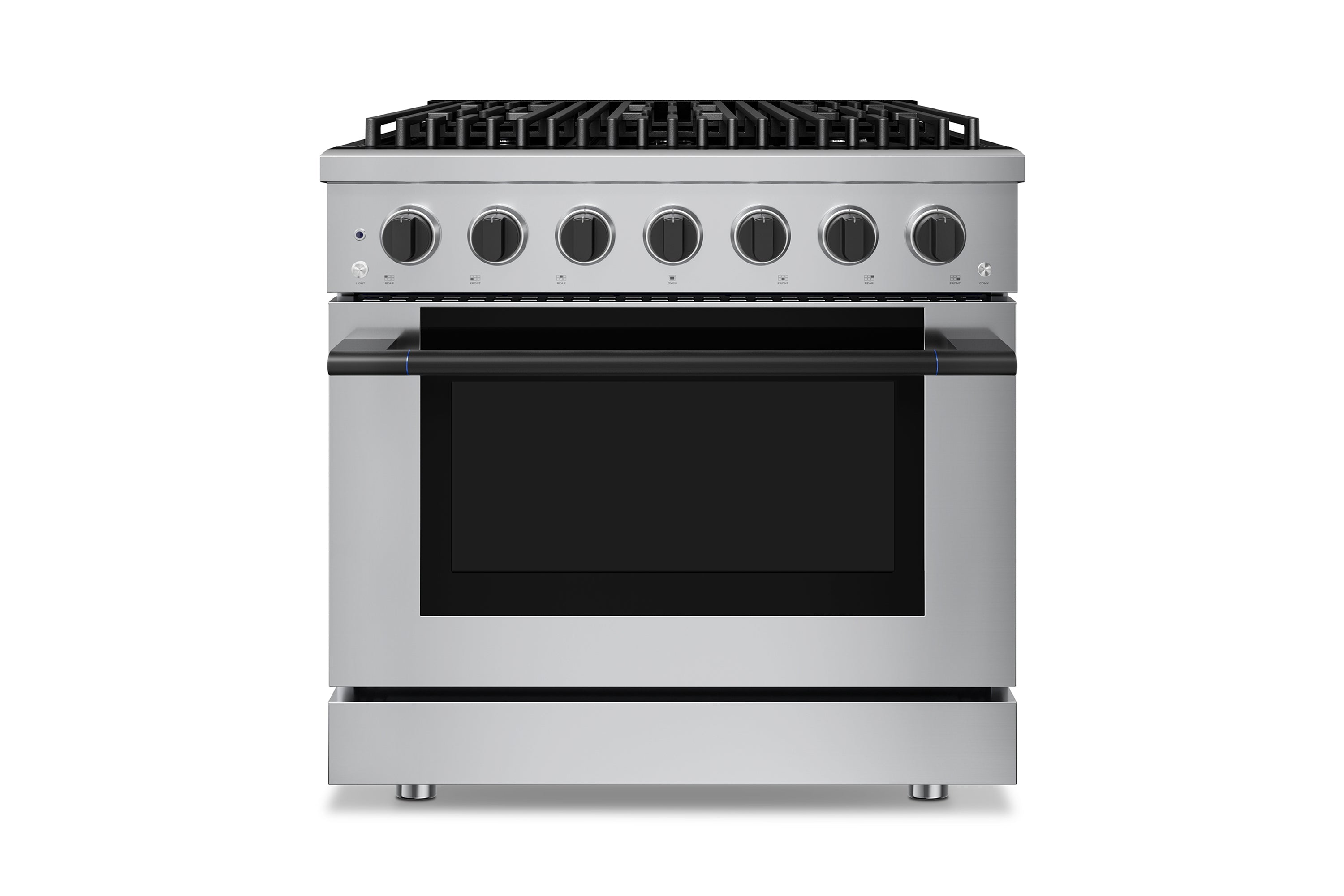 Stainless steel 6-burner range with convection oven and black oven door