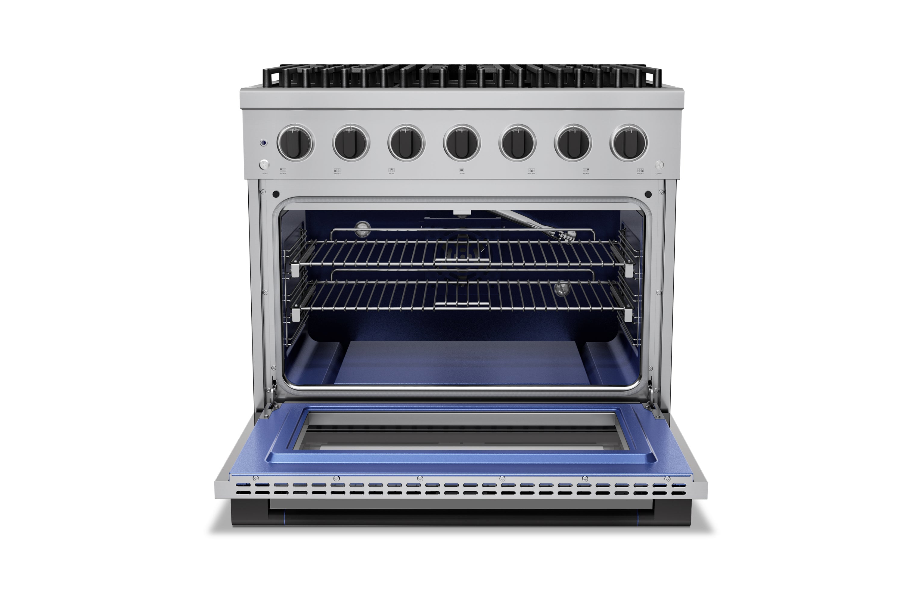 Stainless steel convection oven with door open and two baking racks inside