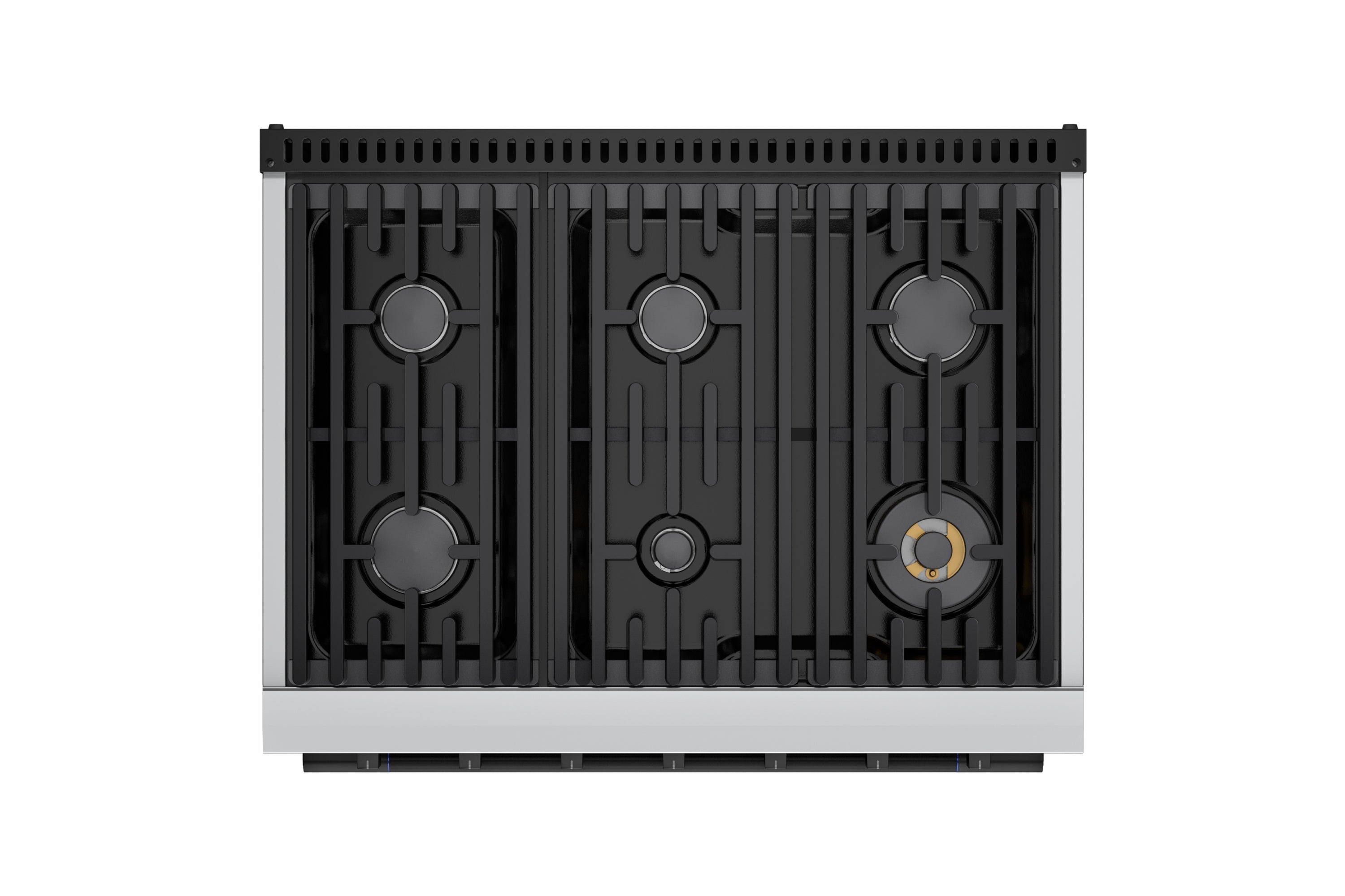 6-burner stovetop with black cast-iron burner grates and right-side burner detail