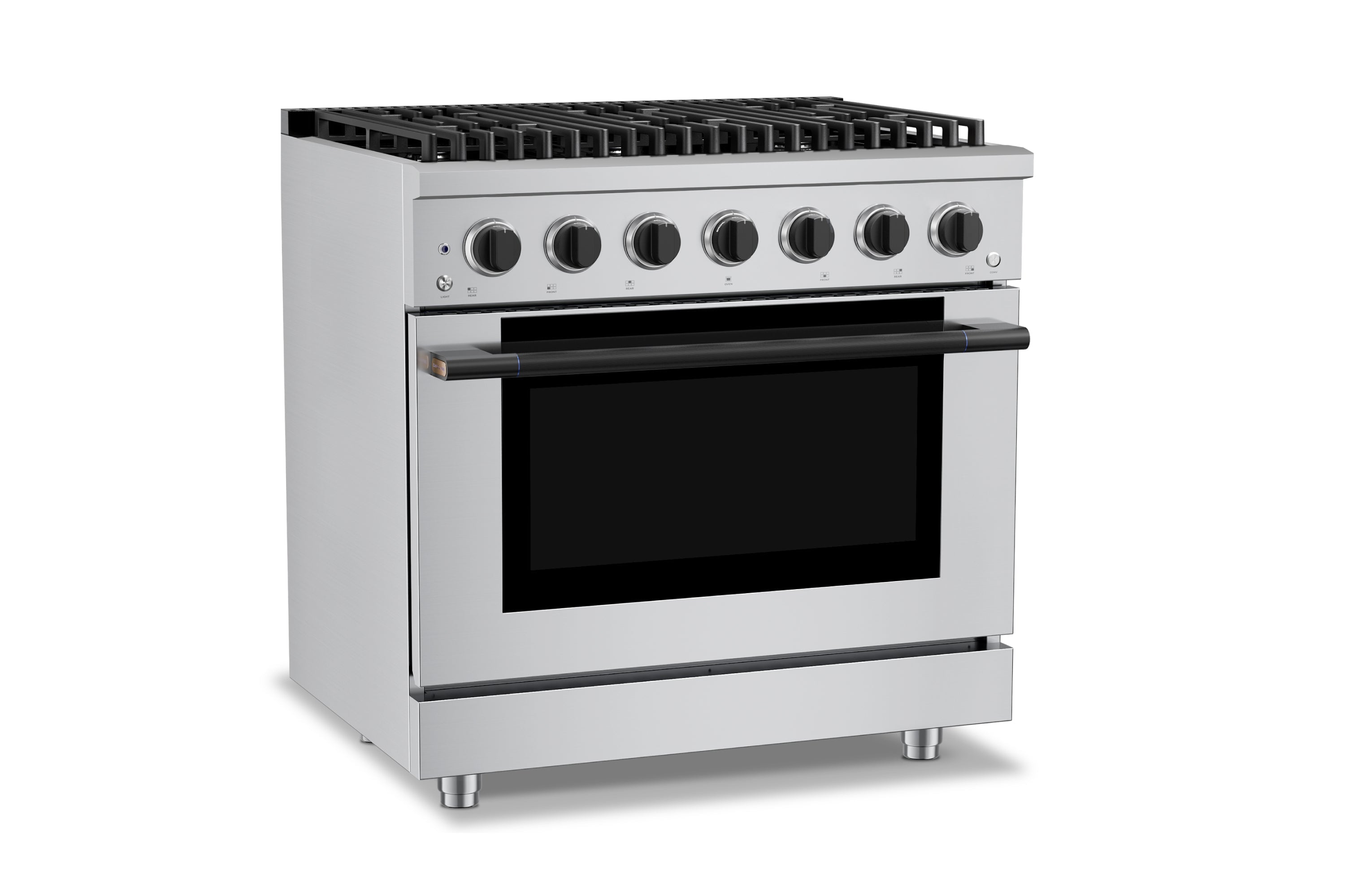Stainless steel gas range with 6 burners, closed oven door window, and knobs