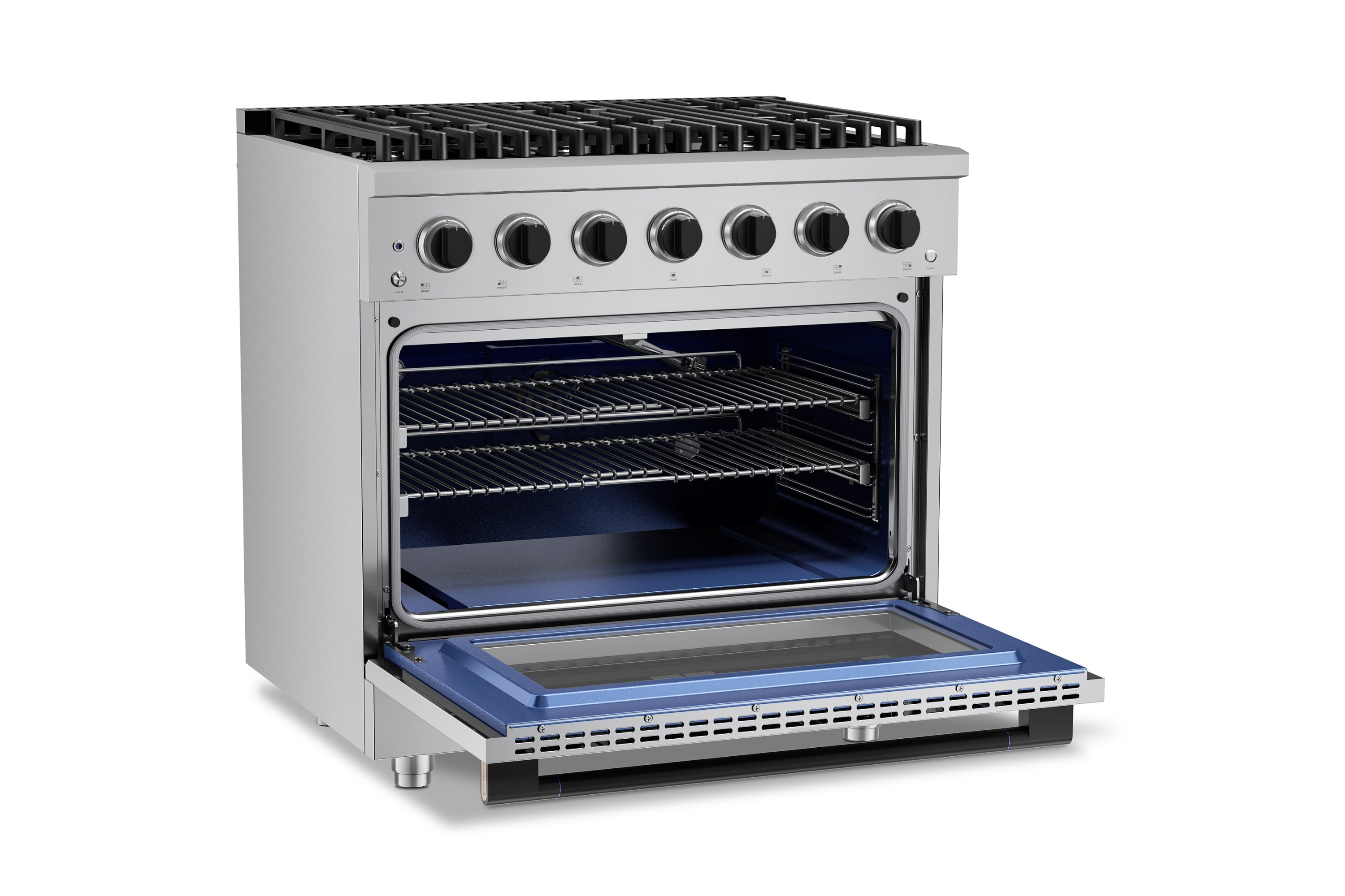 36-inch stainless steel gas range with open convection oven and 6 burner grates