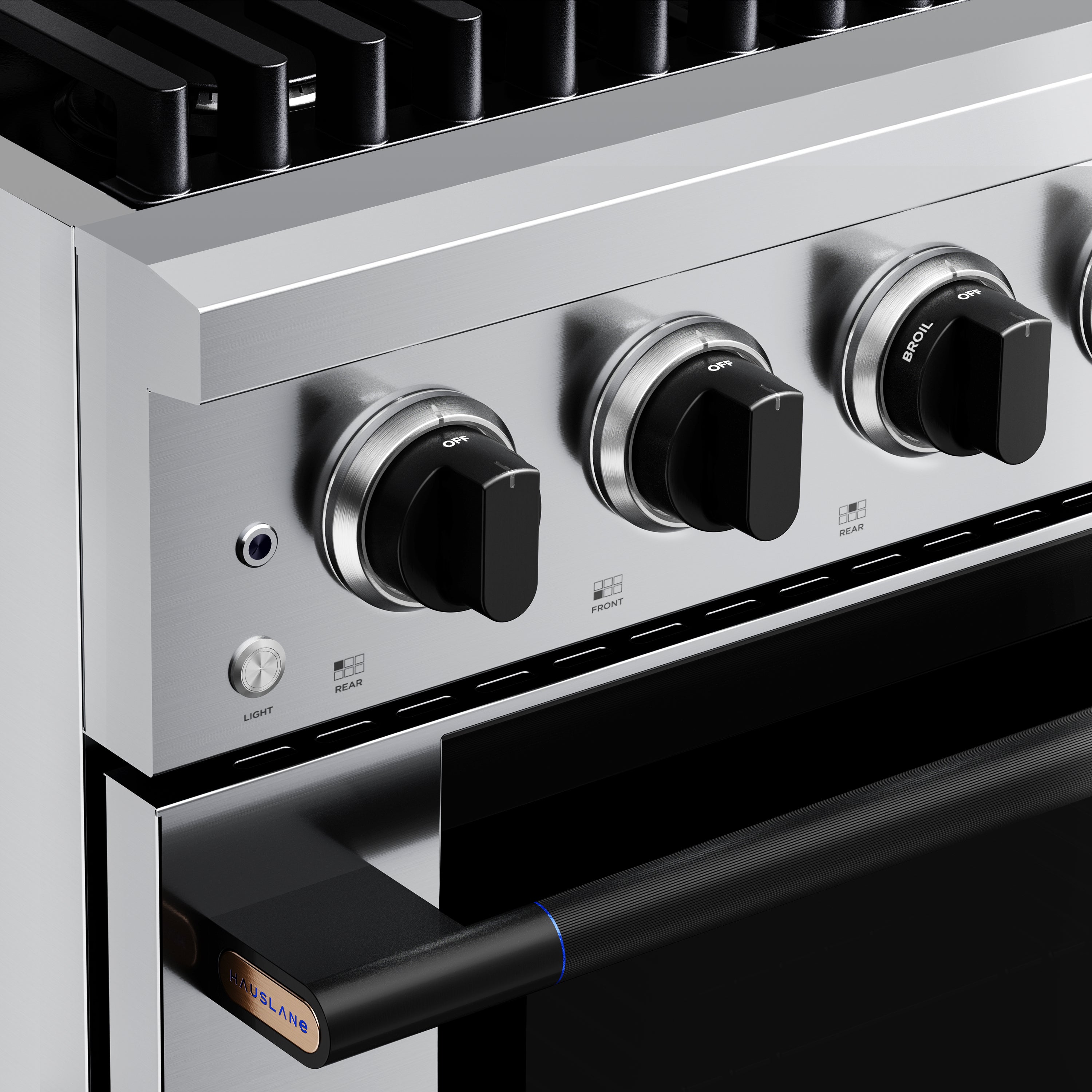 Stainless steel range front with 6 burner control knobs and vented oven drawer