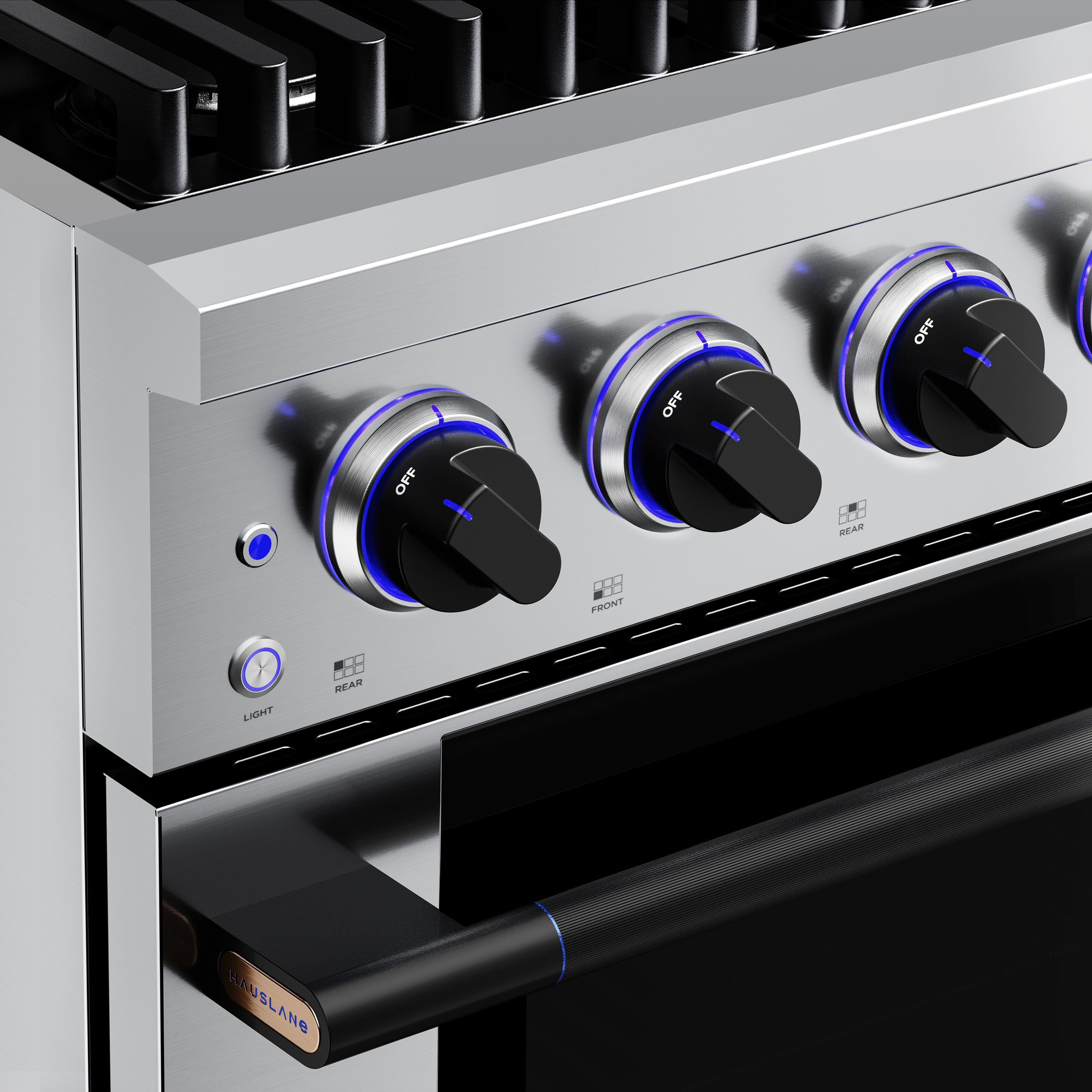 Stainless steel control panel with 6 burner knobs featuring blue indicator lines