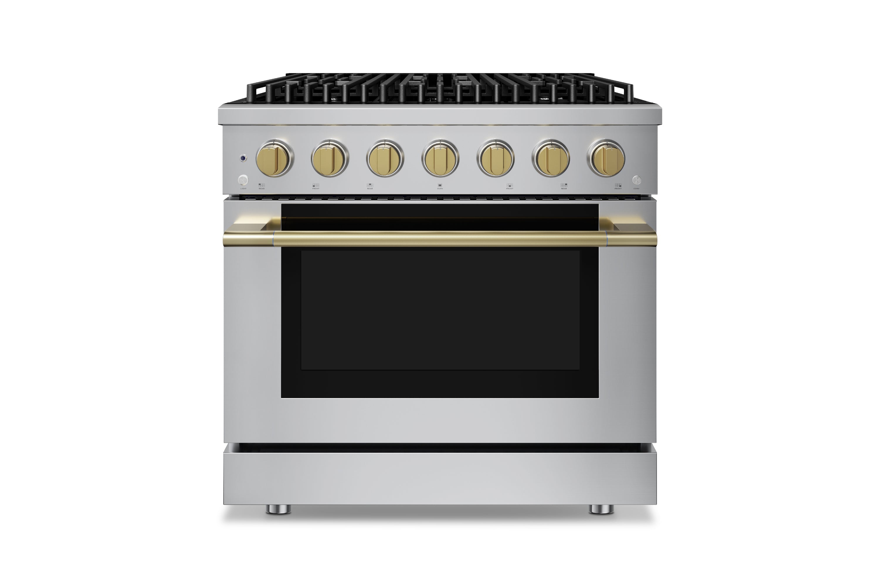 Stainless steel range with gold-toned control knobs and black glass convection oven door