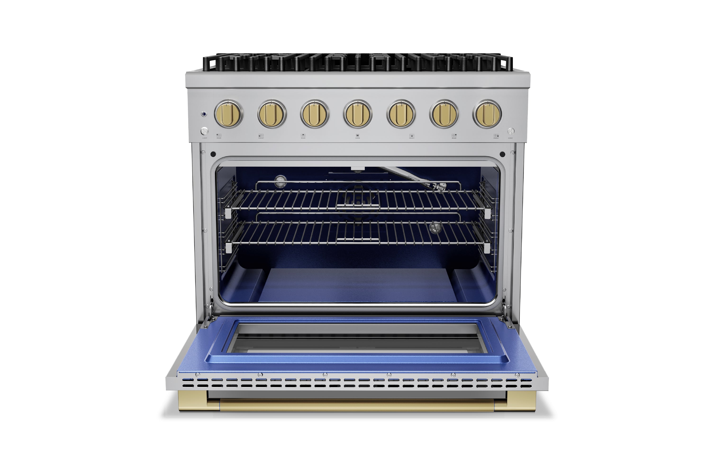Stainless steel range with open convection oven door and baking racks inside