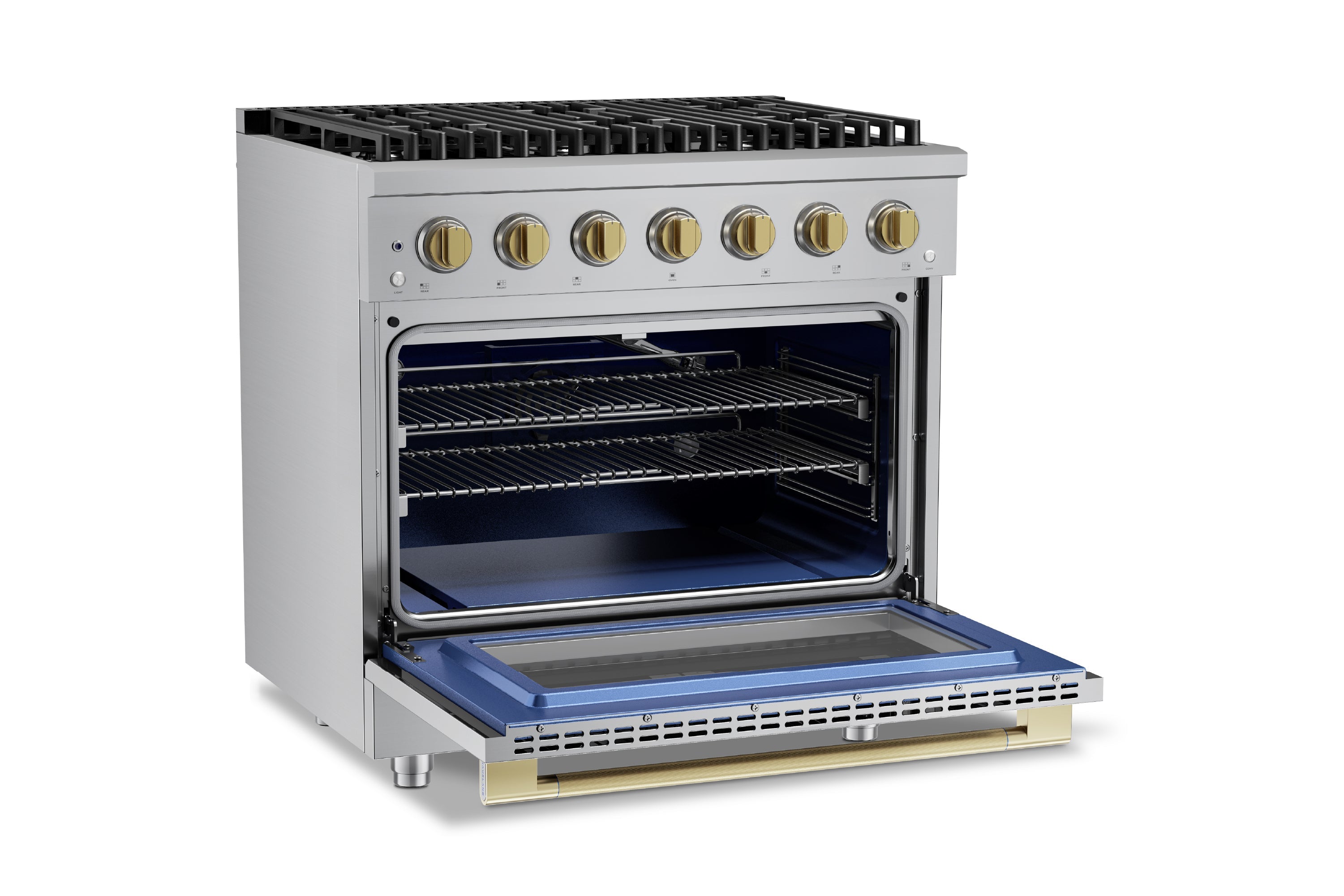 Stainless steel range with open convection oven and oven racks inside
