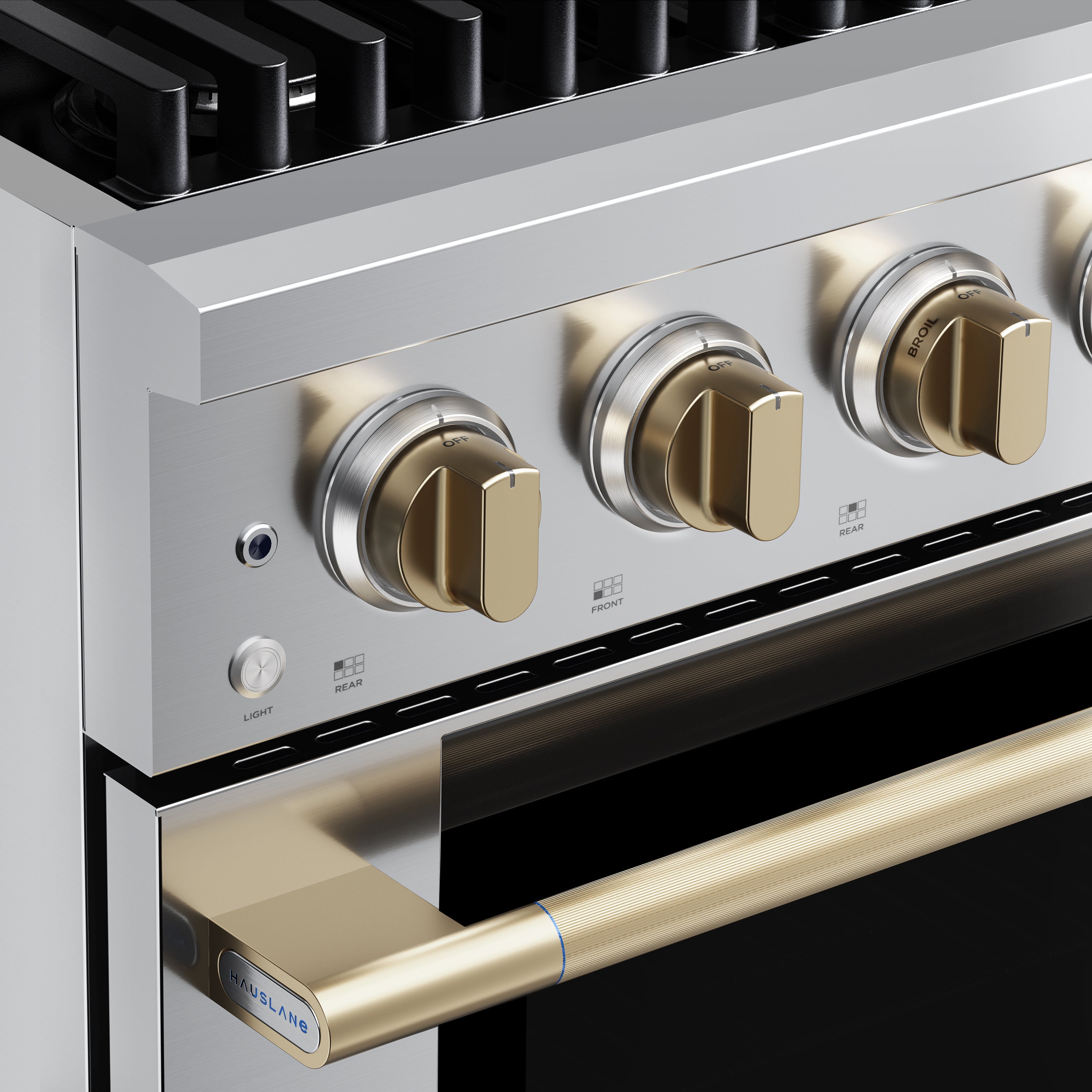 Stainless steel control panel with 6 burner knobs and brass-finish oven handle