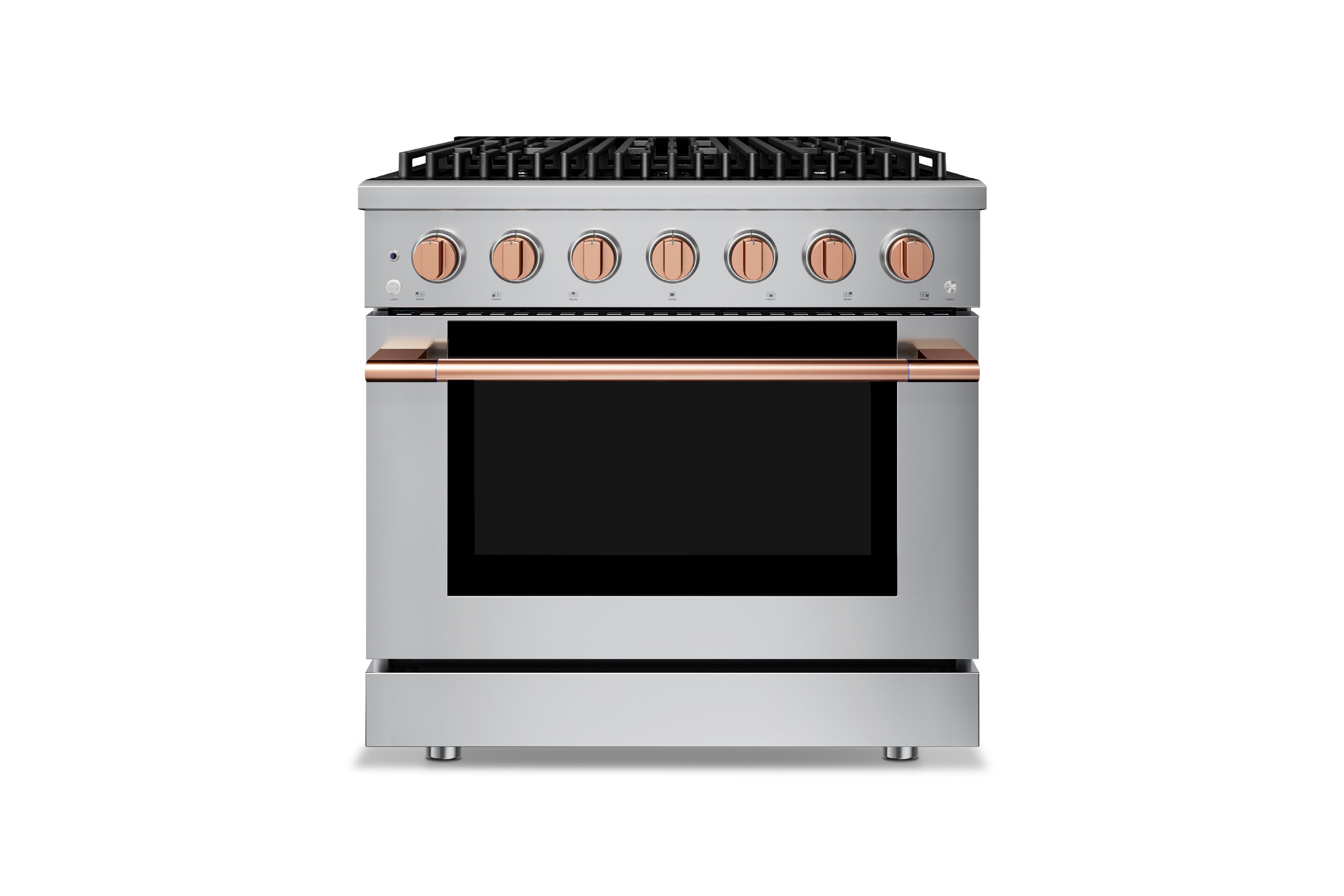 Stainless steel range with copper-toned accents and black glass convection oven door