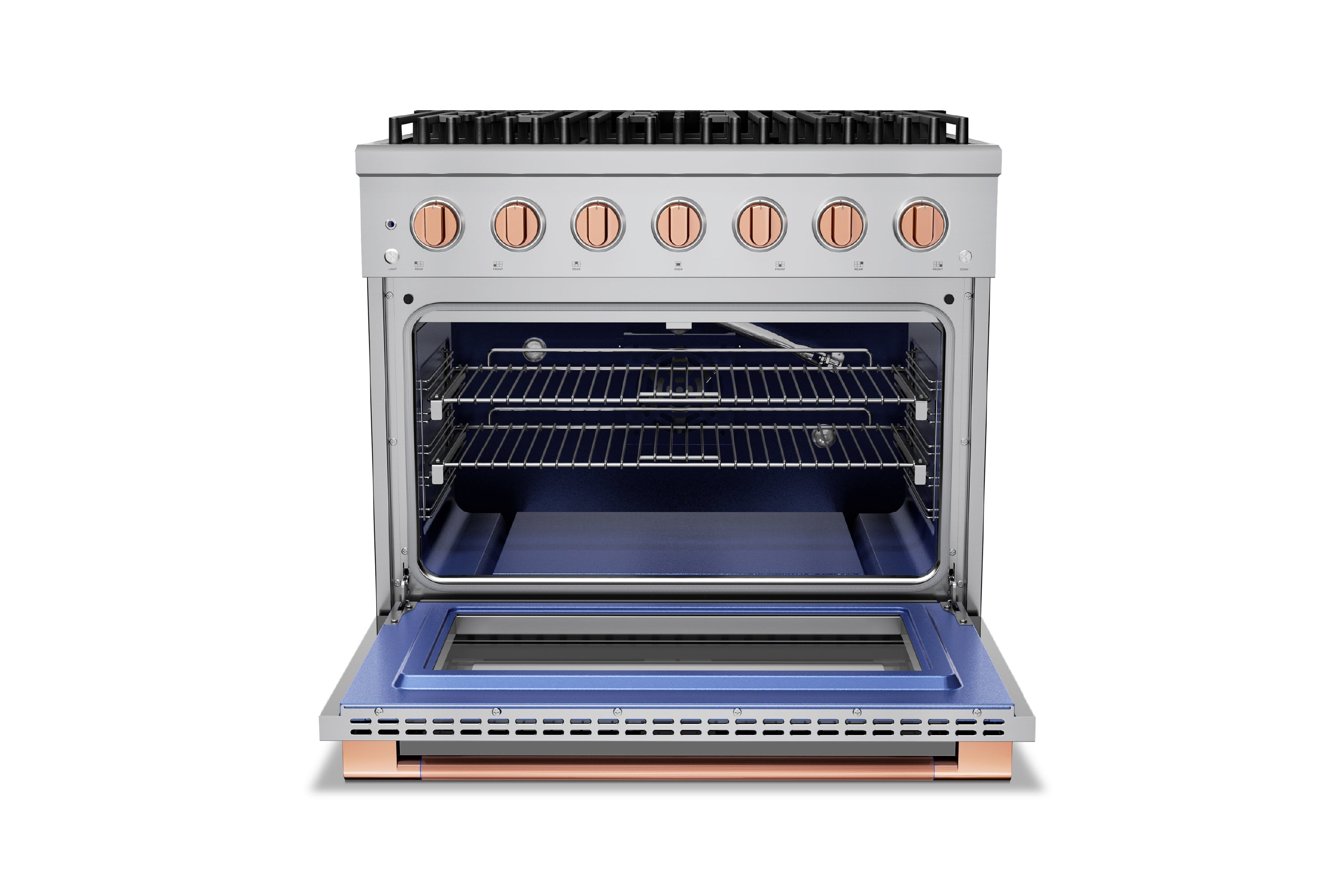 Stainless steel range with open convection oven door and copper-finish burner knobs