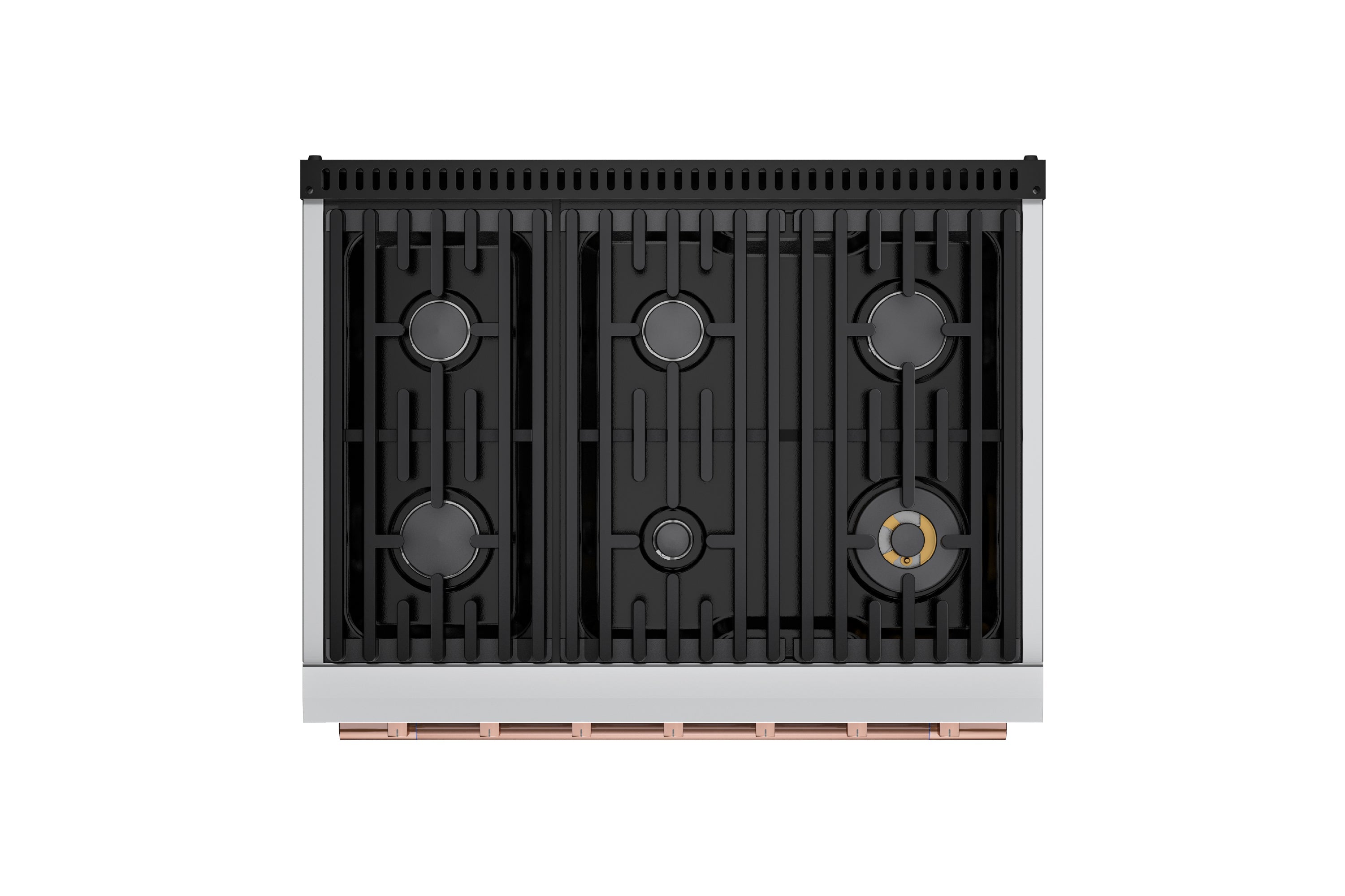 Stainless steel gas range with six-burner grates, top burner area from front