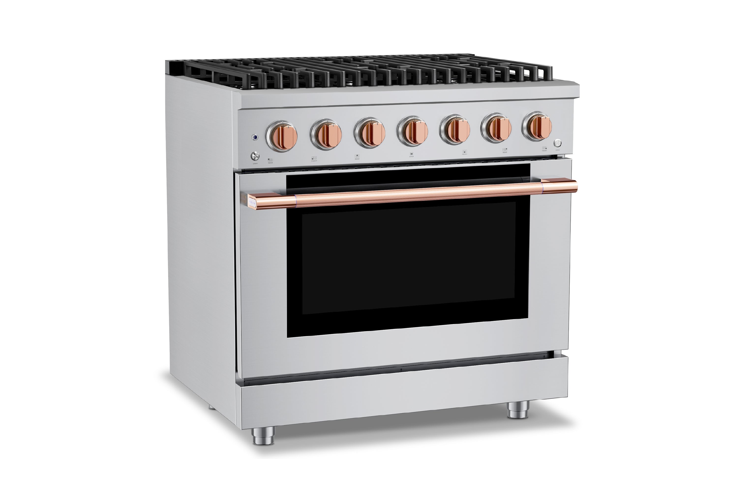 Stainless steel range with closed oven door and copper-finish burner knobs