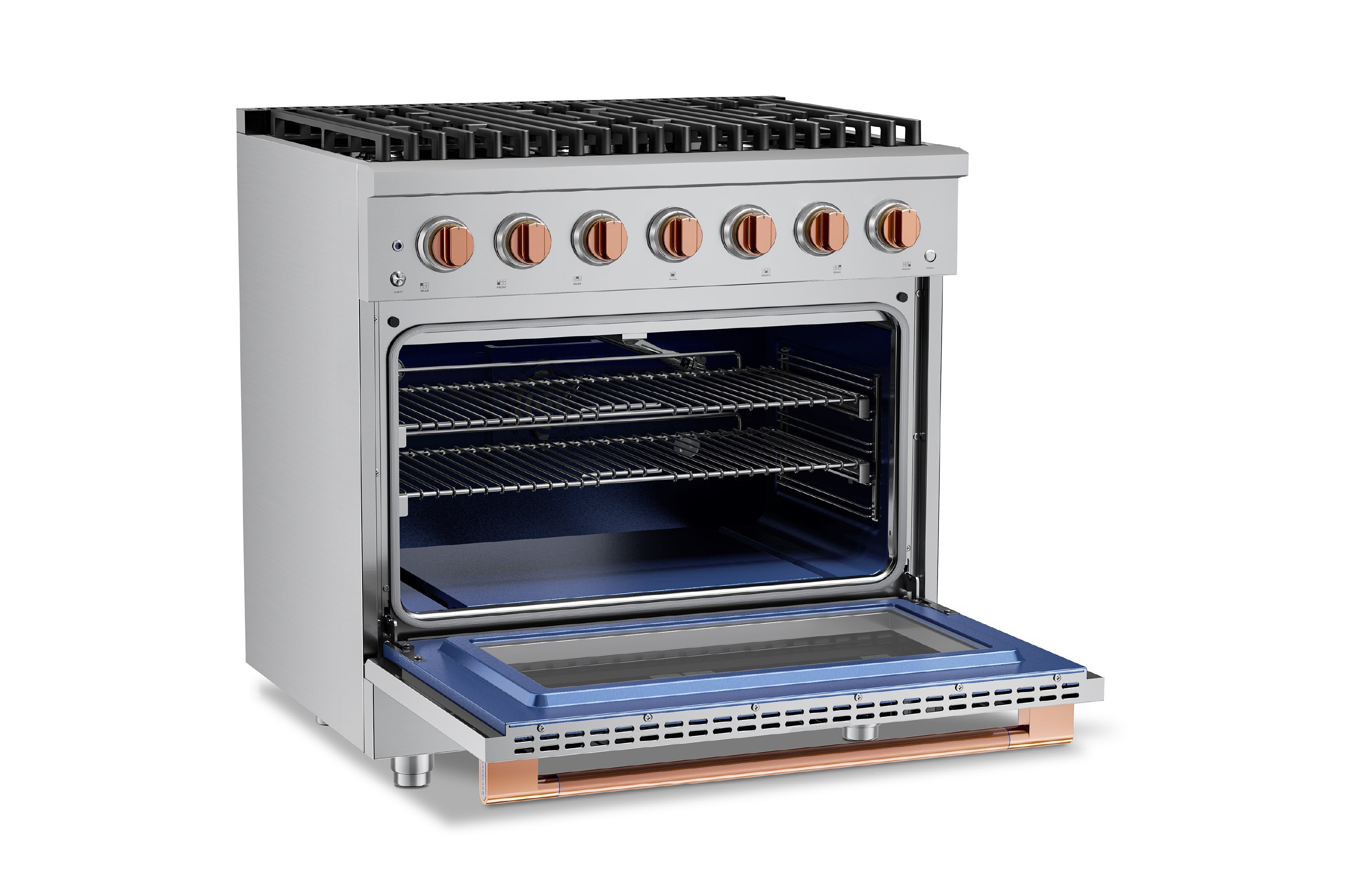 Stainless steel range with open convection oven, racks inside, and copper-finish controls