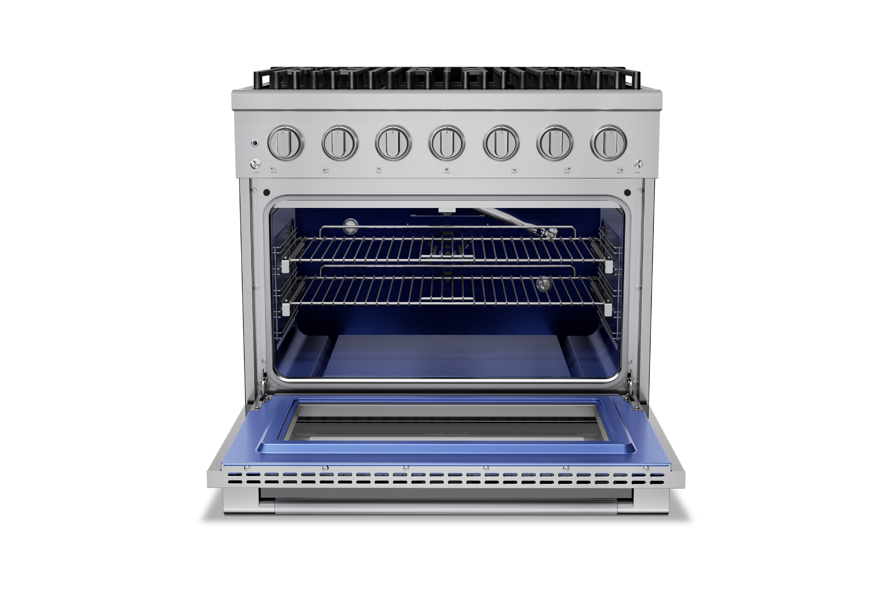 Stainless steel range with oven door open showing convection fan and wire racks