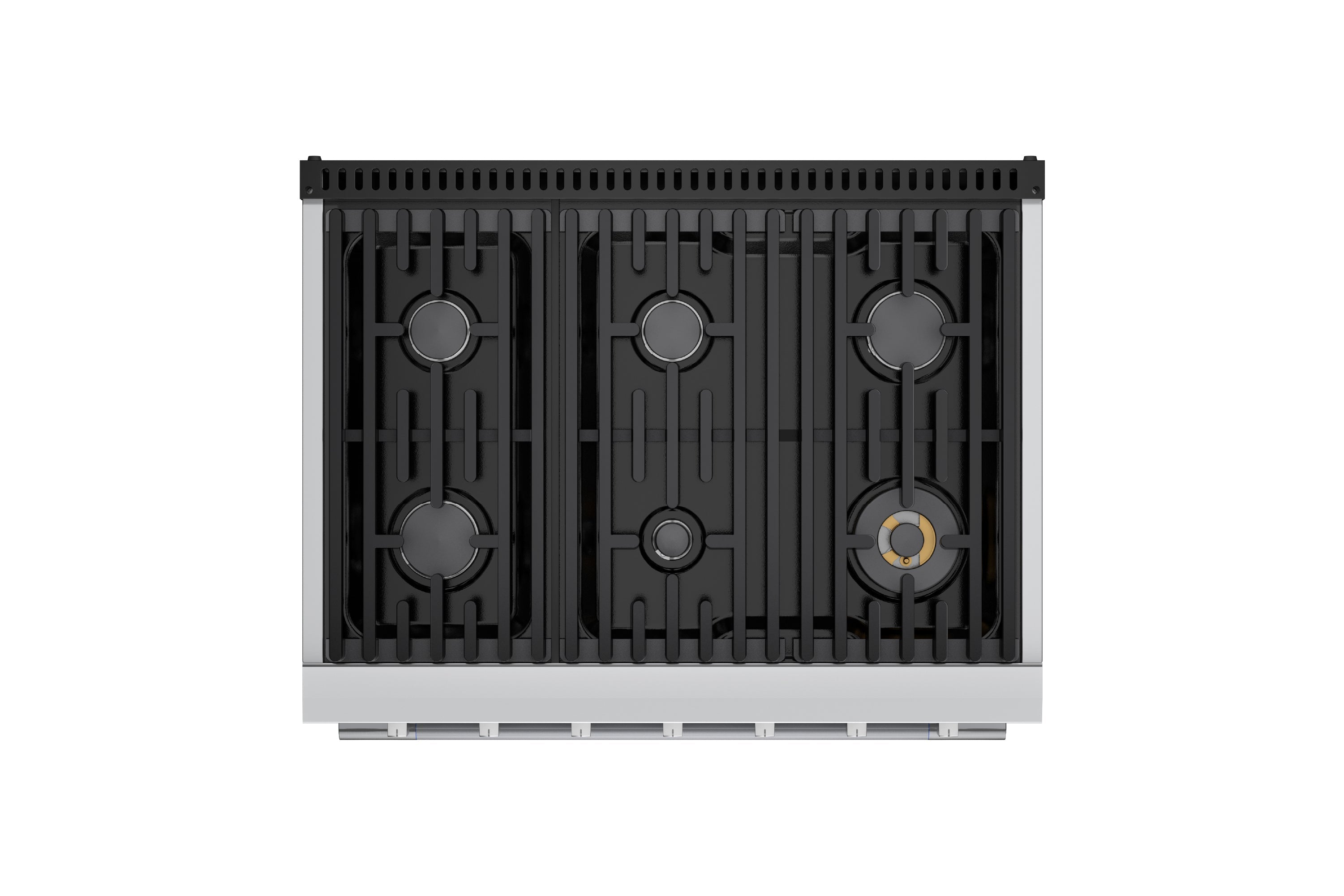Stainless steel cooktop with burner grates and three central burner caps exposed