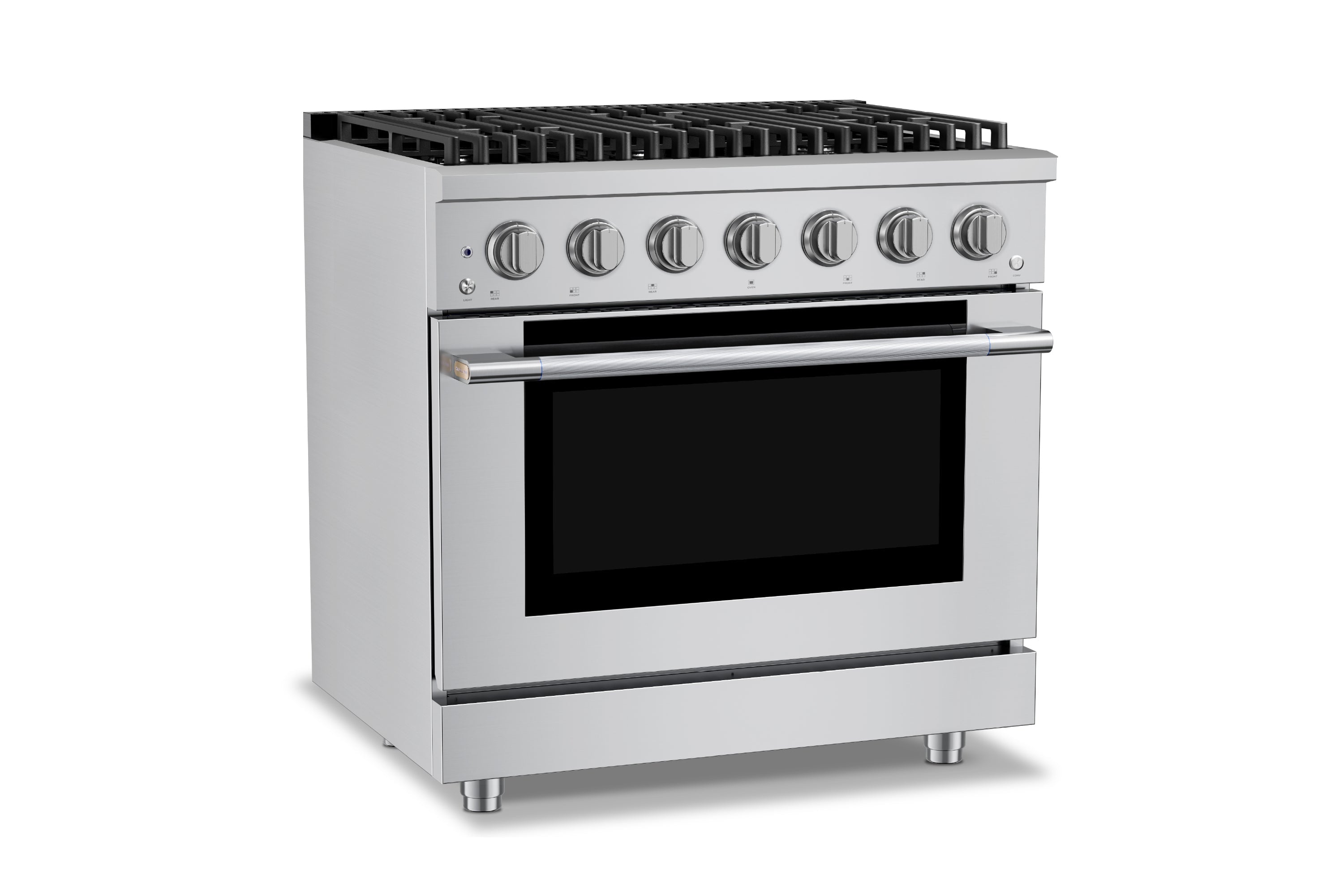 Stainless steel 6-burner gas range with closed oven door and control knobs