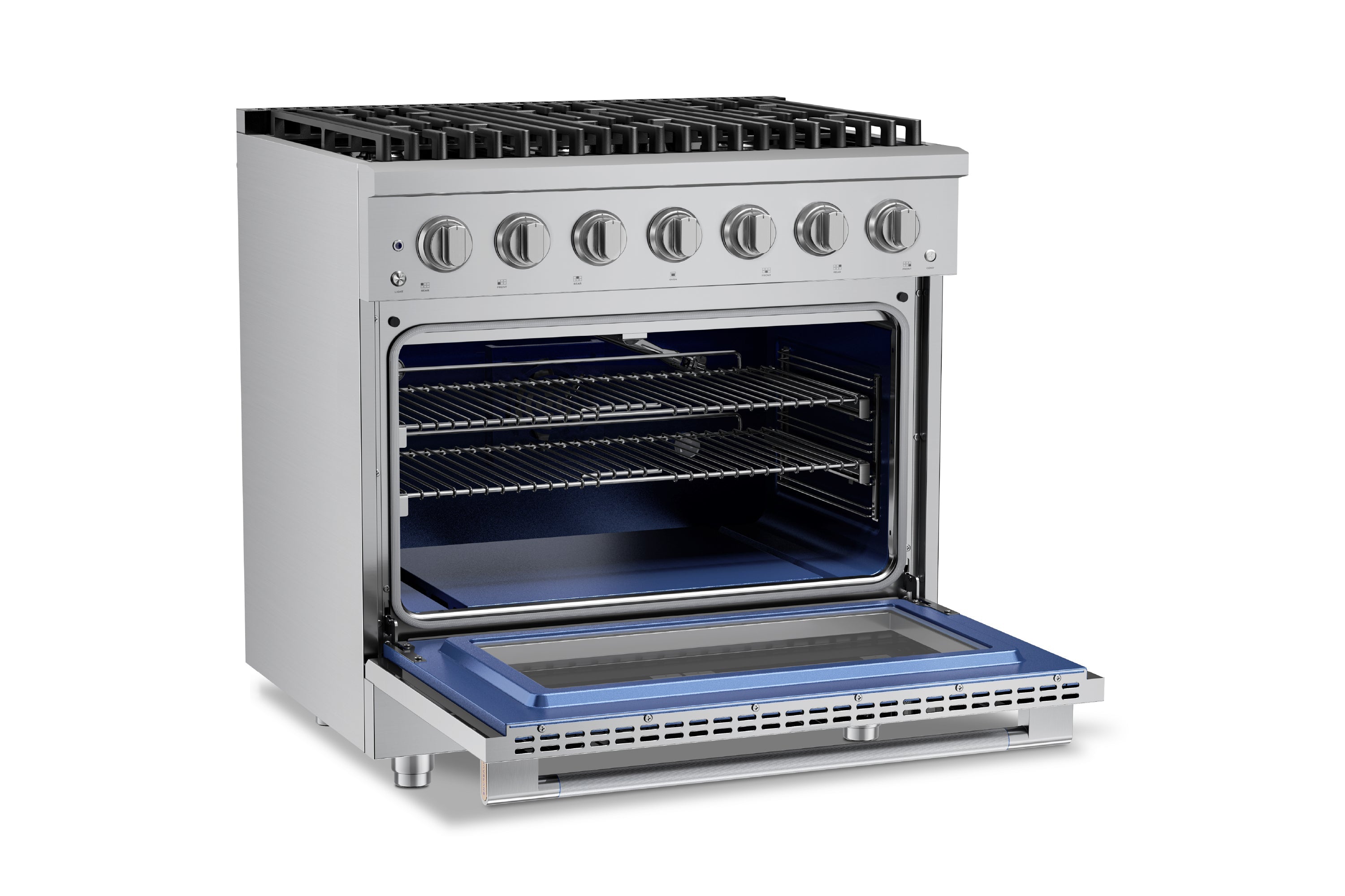 Stainless steel range with oven door open showing convection fan and baking racks