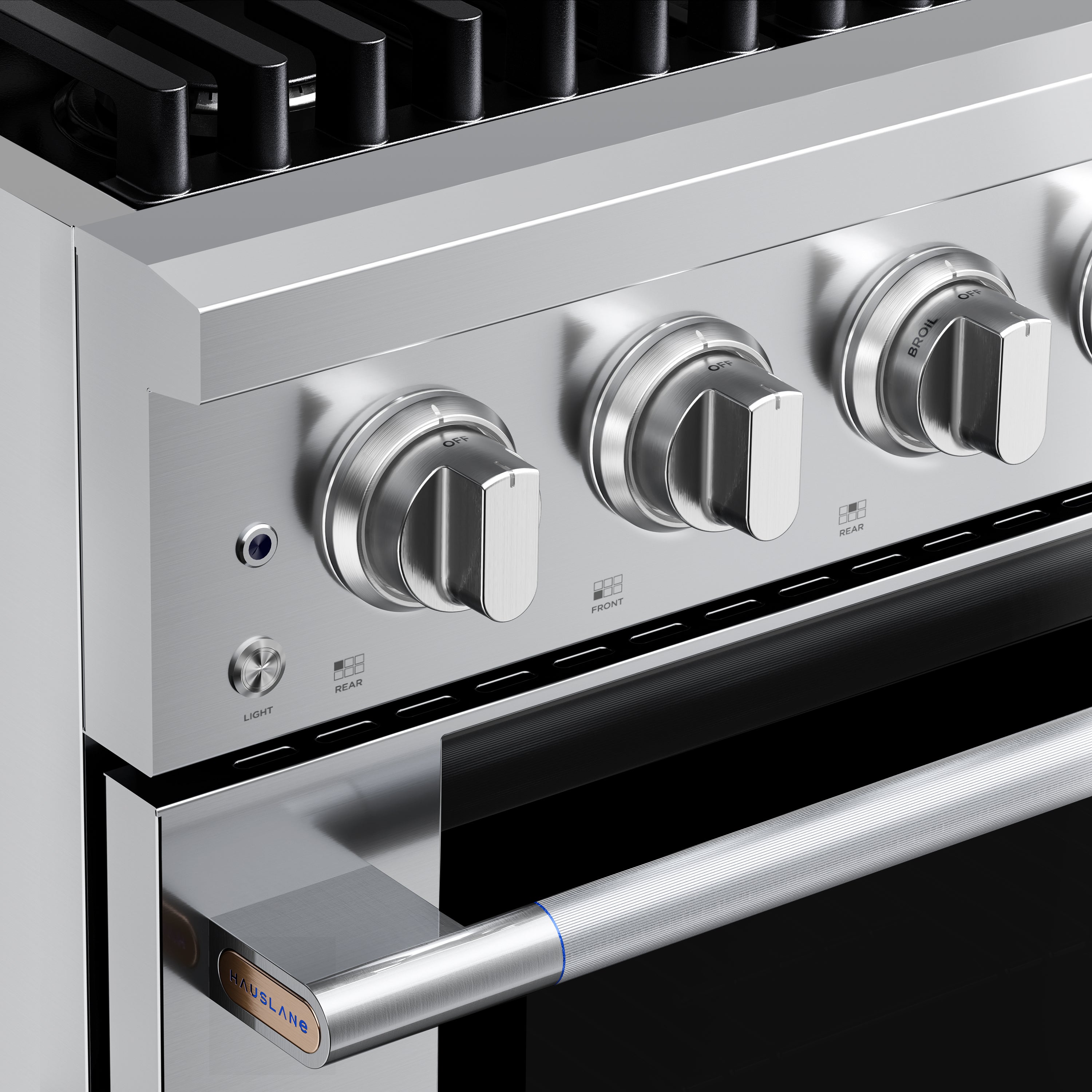 Stainless steel control panel with four burner knobs and oven handle